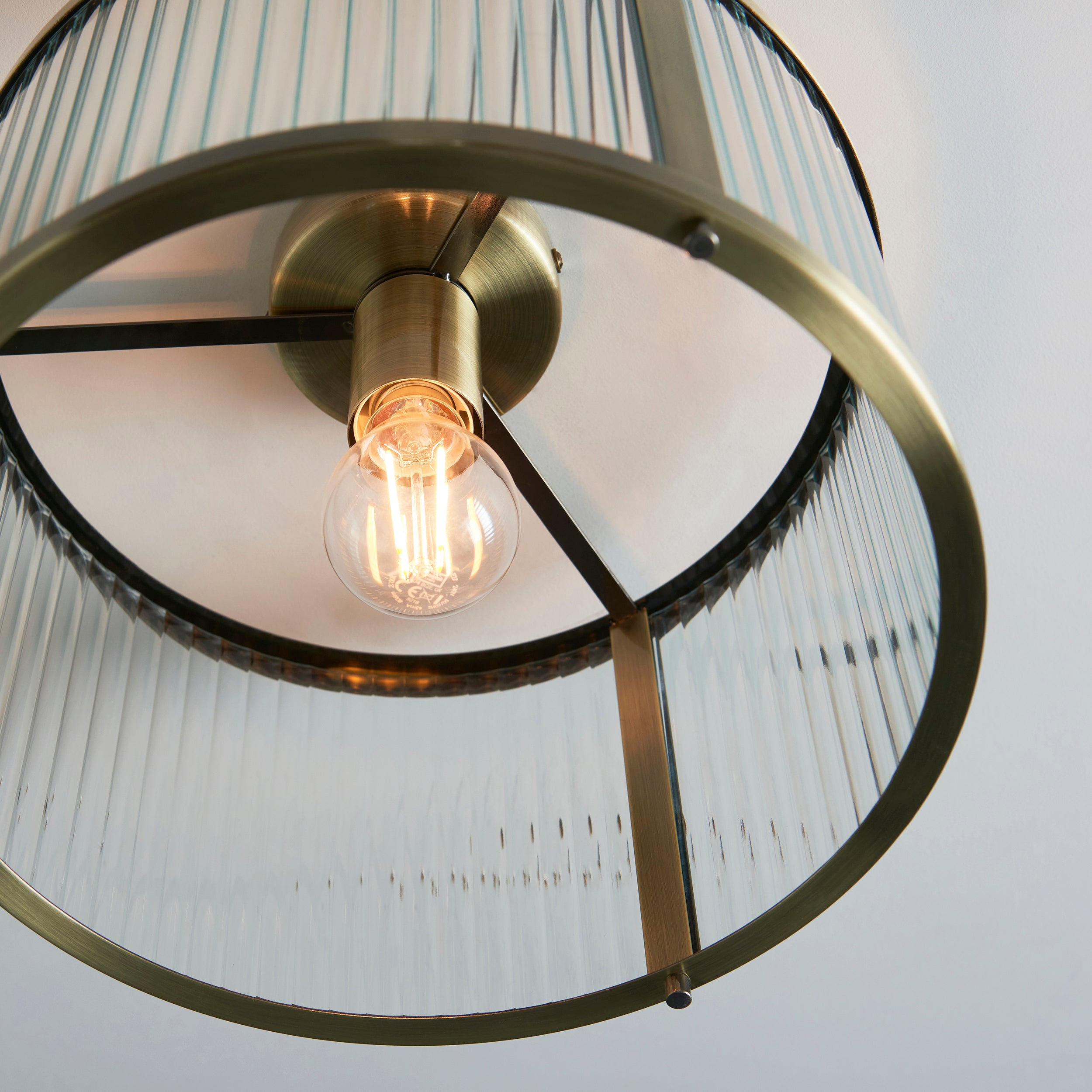 Endon Ridgeton Single Flush Fitting - Antique Brass Plate & Clear Ribbed Glass