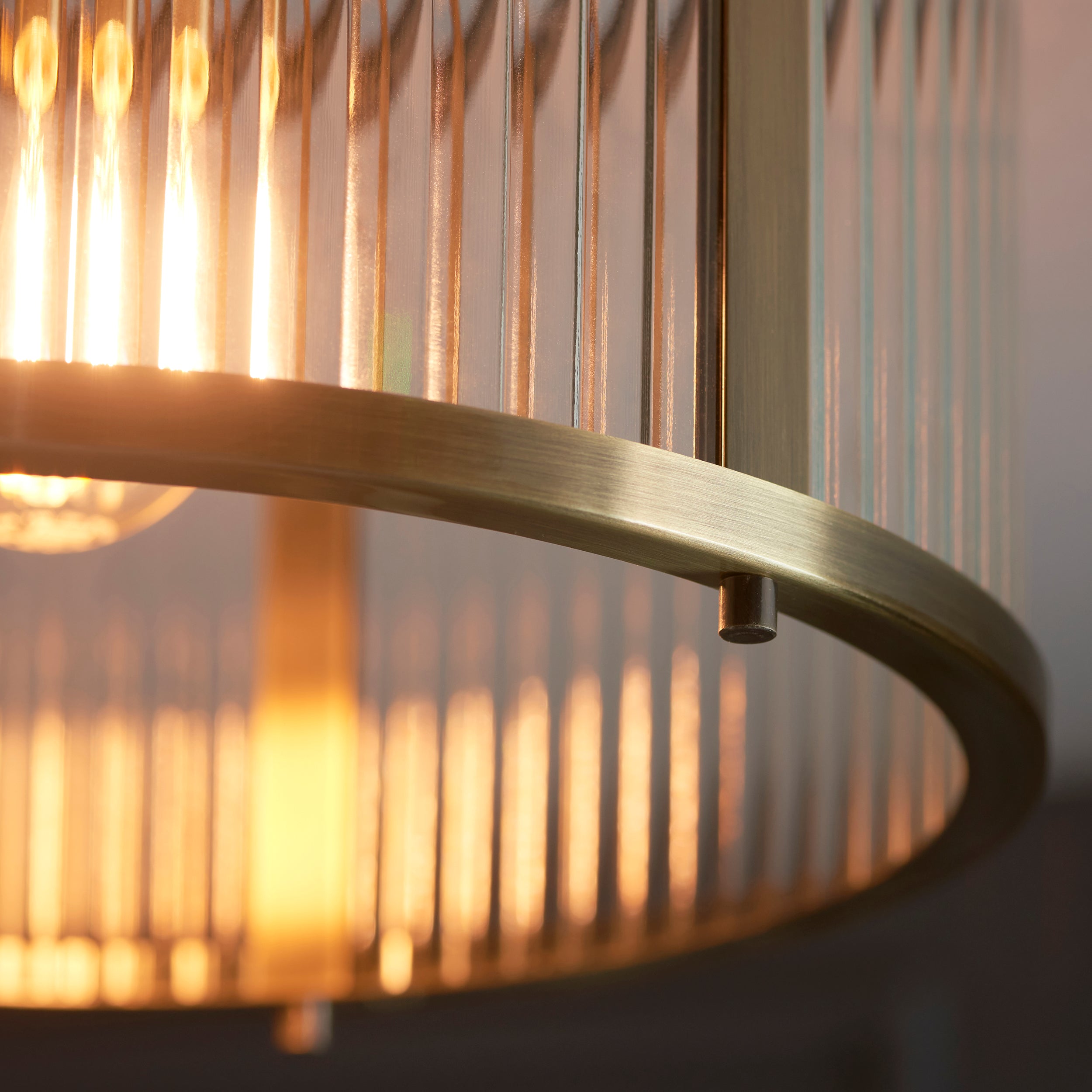 Endon Ridgeton Single Flush Fitting - Antique Brass Plate & Clear Ribbed Glass
