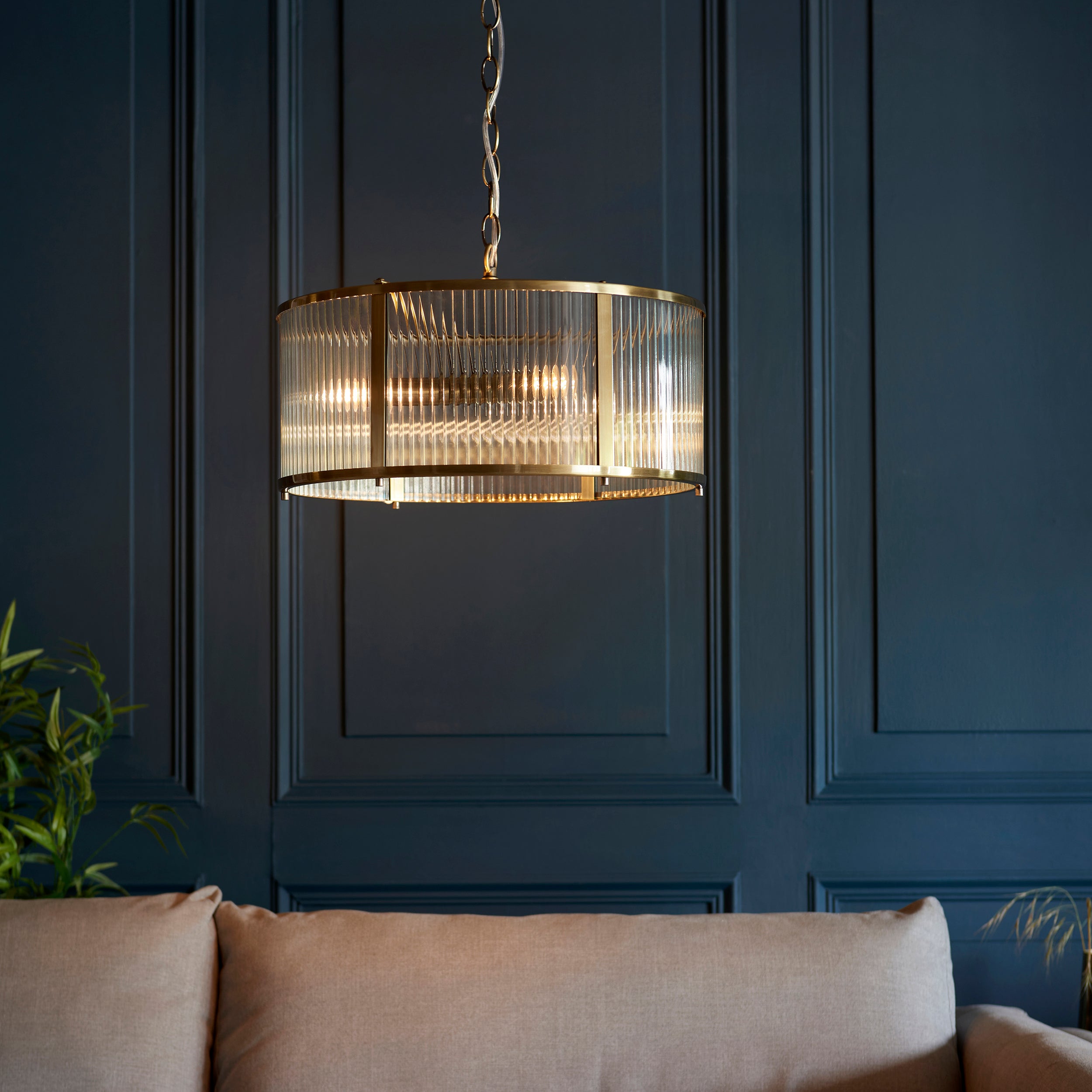 Endon Ridgeton 3 Light Pendant - Antique Brass Plate & Clear Ribbed Glass