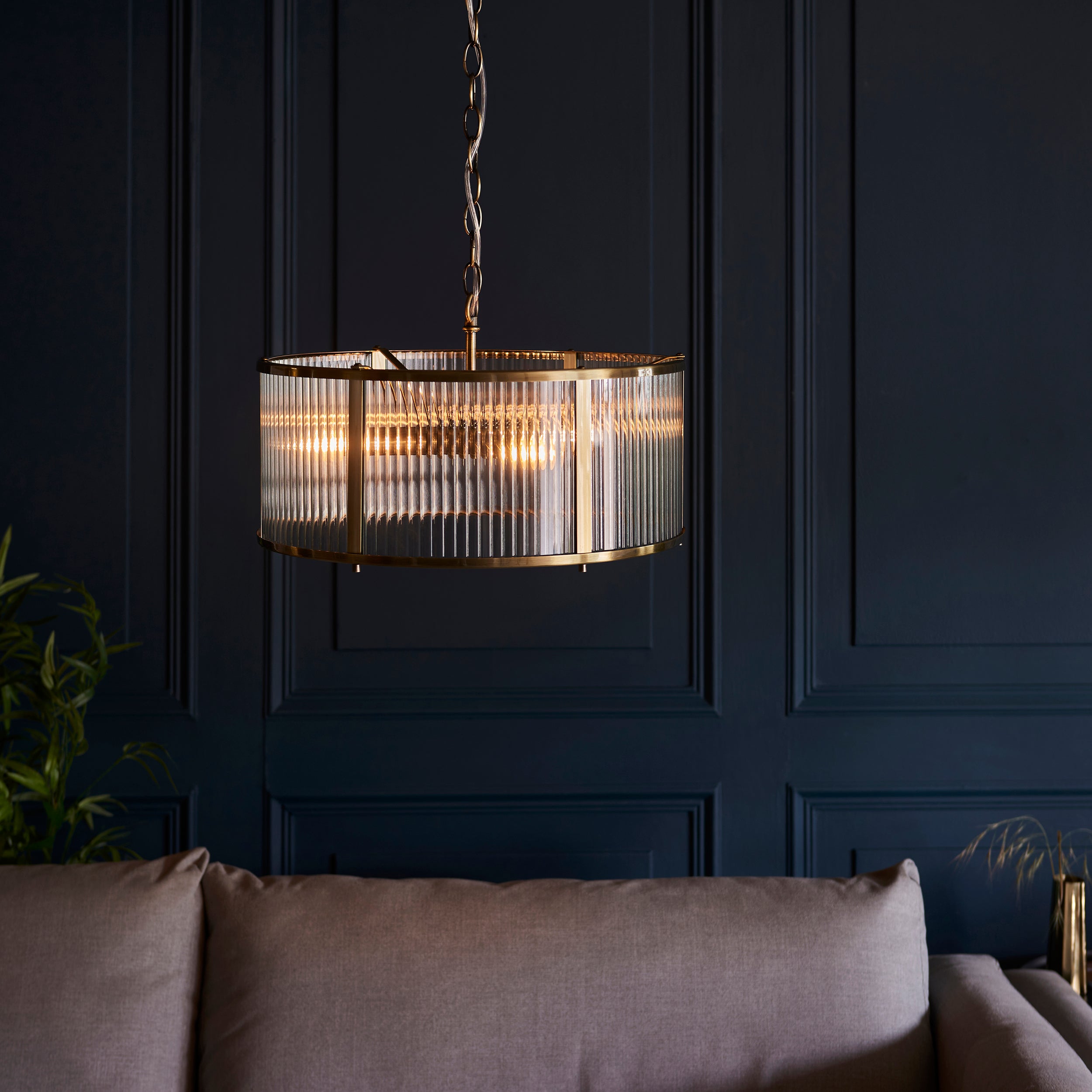 Endon Ridgeton 3 Light Pendant - Antique Brass Plate & Clear Ribbed Glass