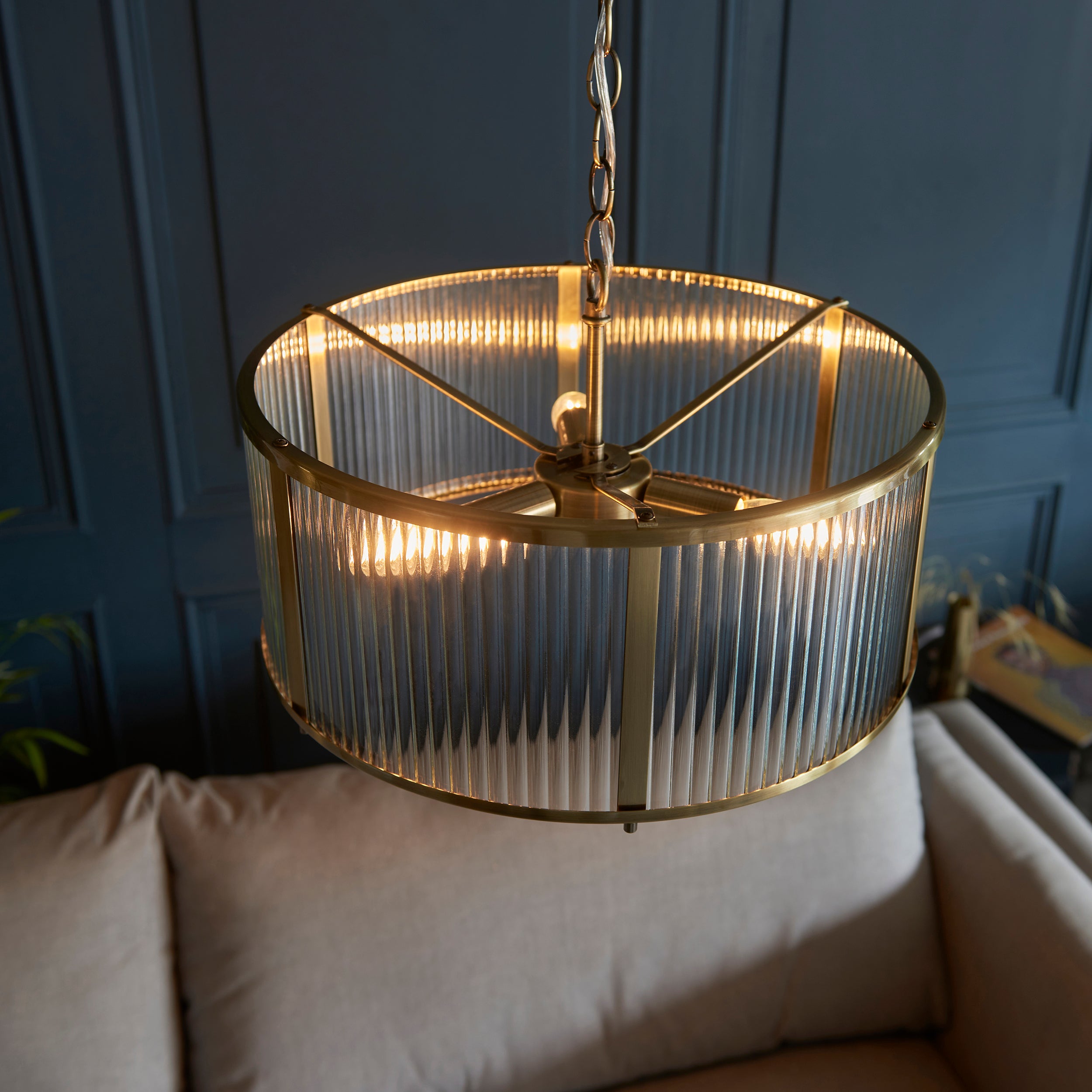 Endon Ridgeton 3 Light Pendant - Antique Brass Plate & Clear Ribbed Glass