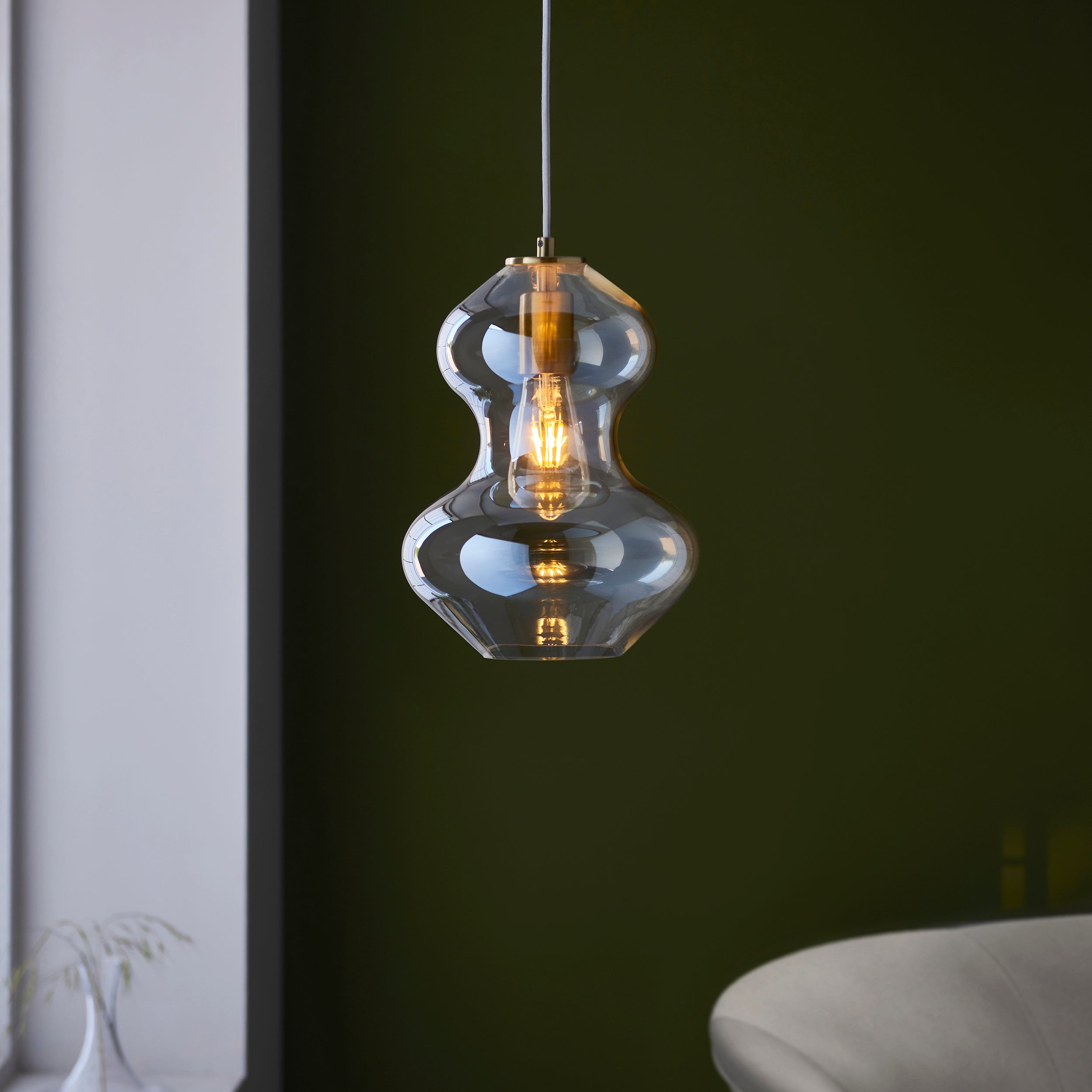 Endon Kelda Shaped Single Pendant - Satin Brass Plate & Champagne Lustre Glass