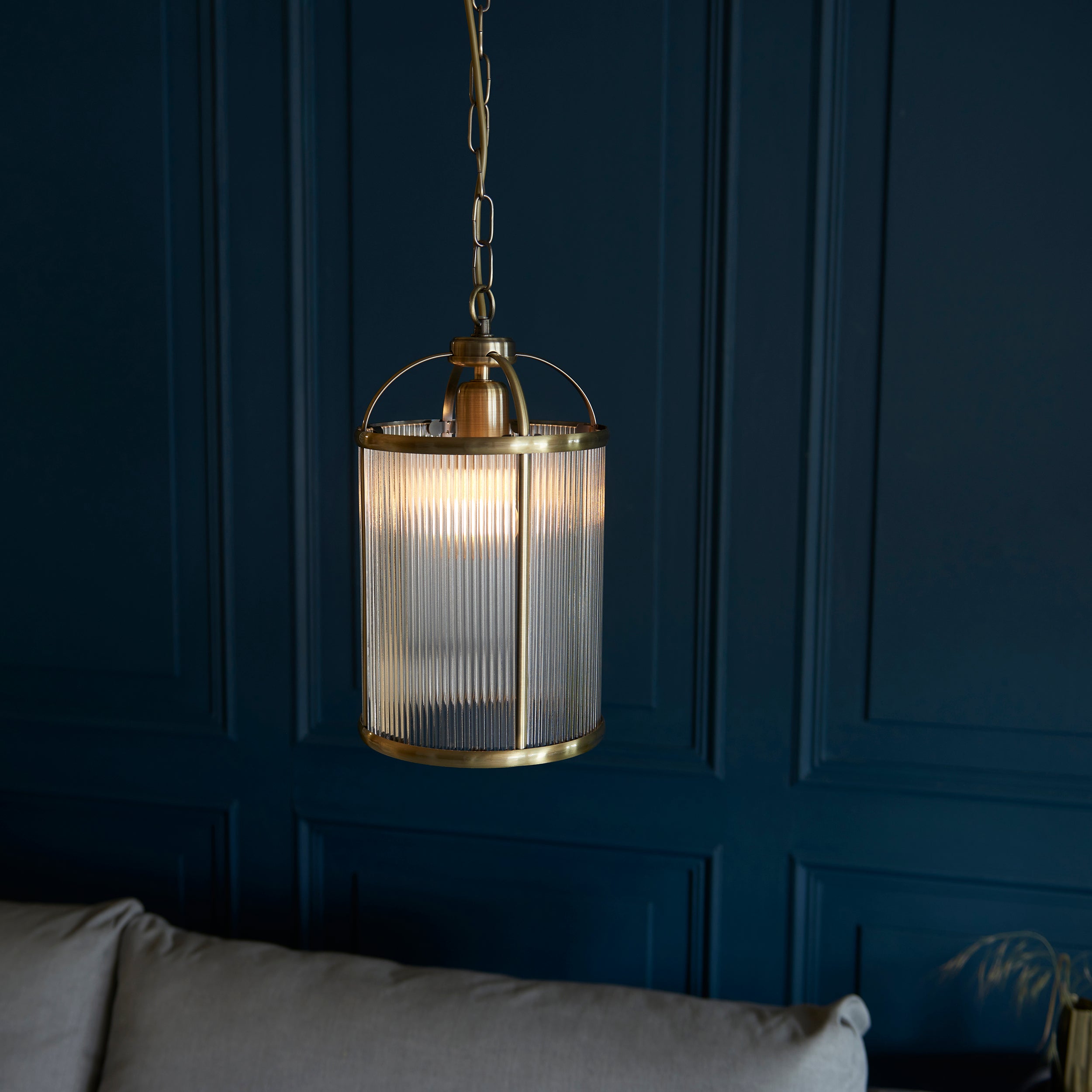 Endon Lambeth Ribbed Single Pendant - Antique Brass Plate & Clear Ribbed Glass