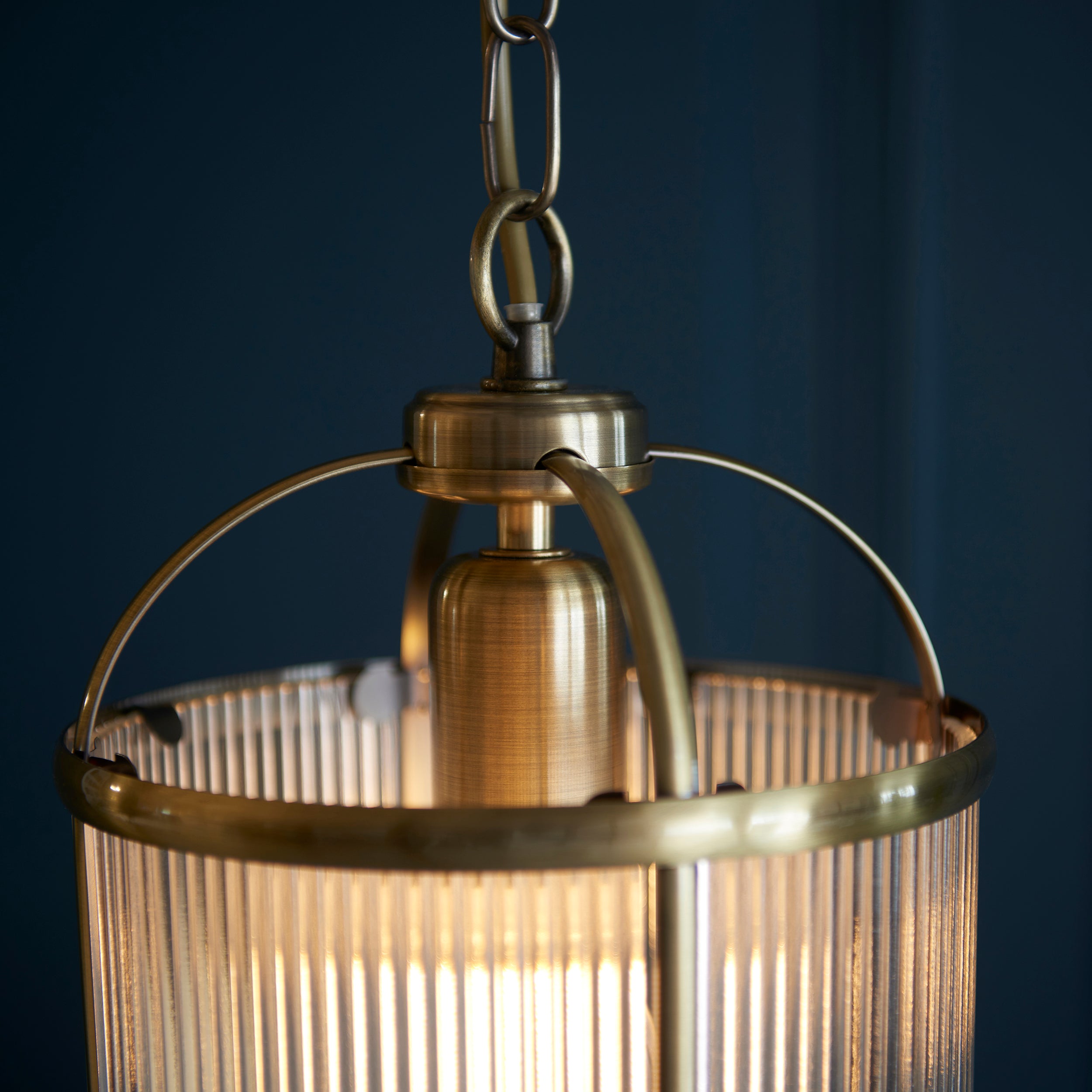 Endon Lambeth Ribbed Single Pendant - Antique Brass Plate & Clear Ribbed Glass