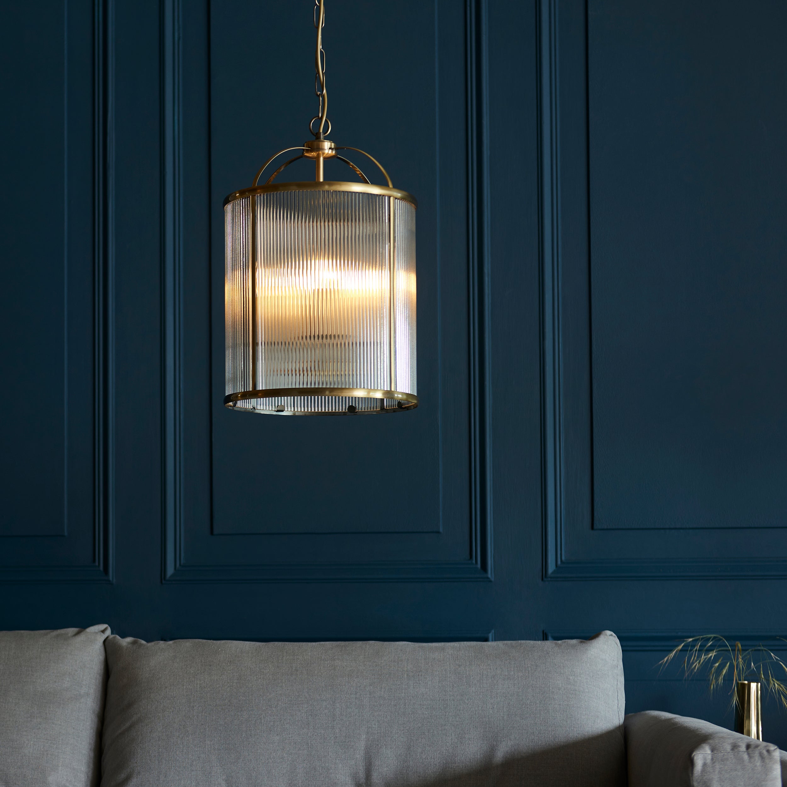 Endon Lambeth Ribbed 4 Light Pendant - Antique Brass Plate & Clear Ribbed Glass