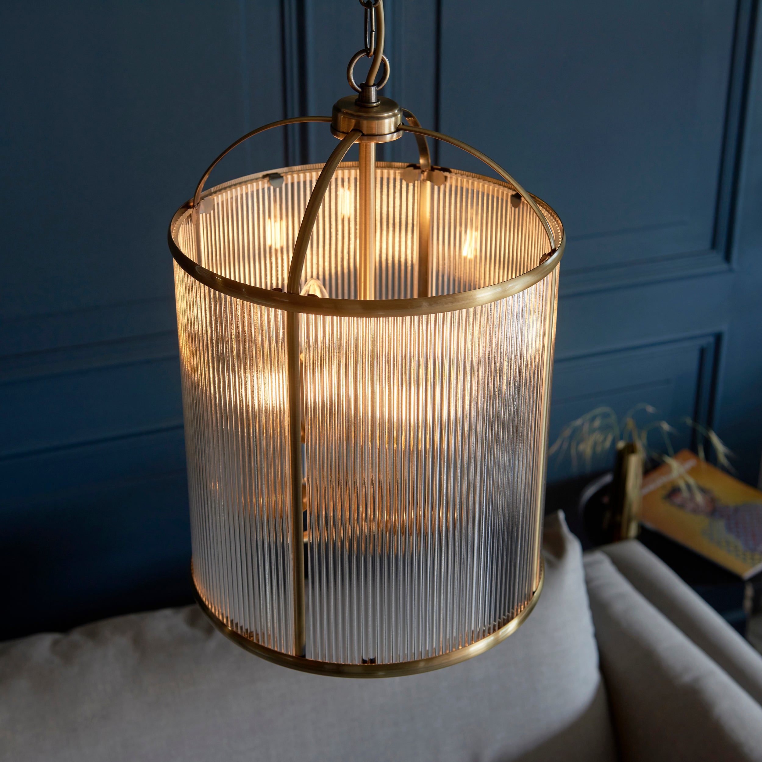 Endon Lambeth Ribbed 4 Light Pendant - Antique Brass Plate & Clear Ribbed Glass