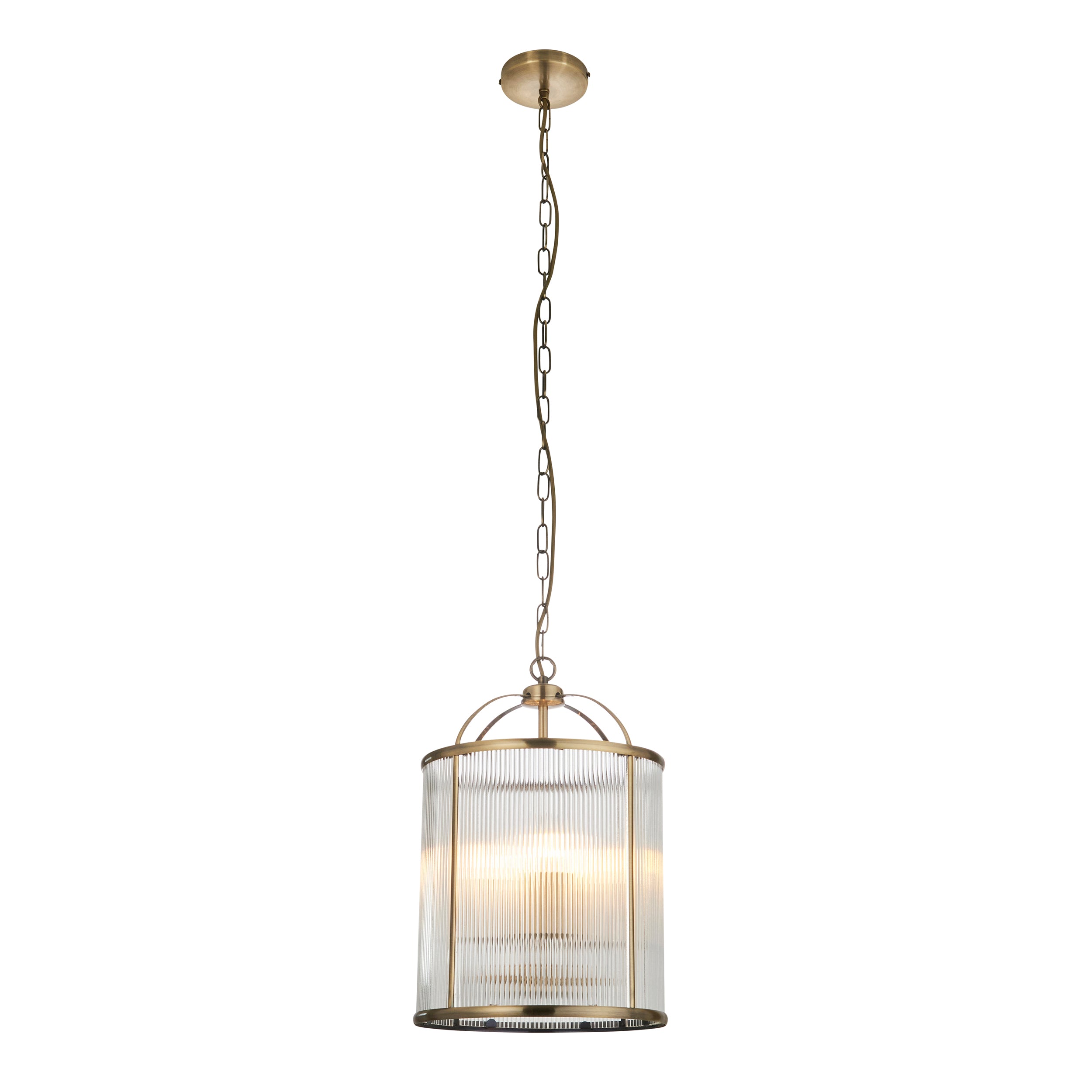 Endon Lambeth Ribbed 4 Light Pendant - Antique Brass Plate & Clear Ribbed Glass