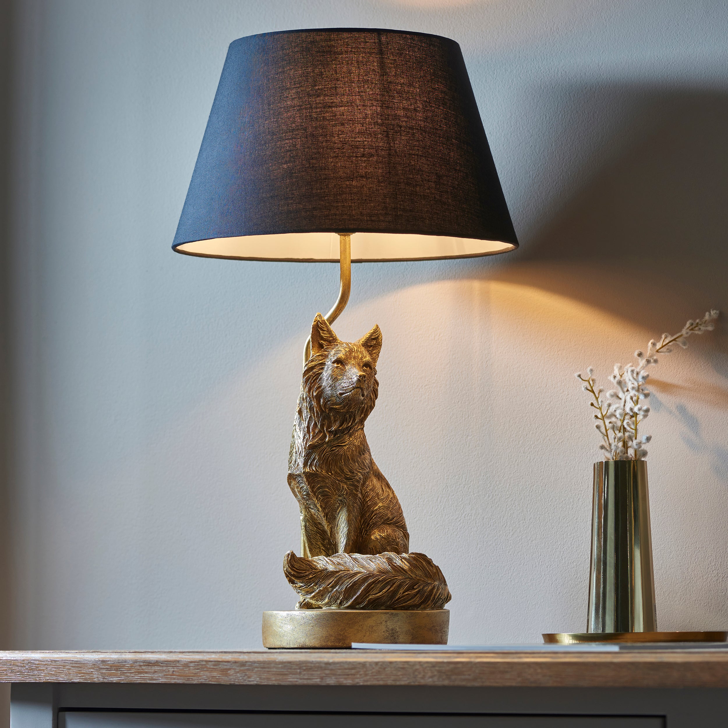Endon Fox Single Table Light - Vintage Gold Paint & Black Fabric