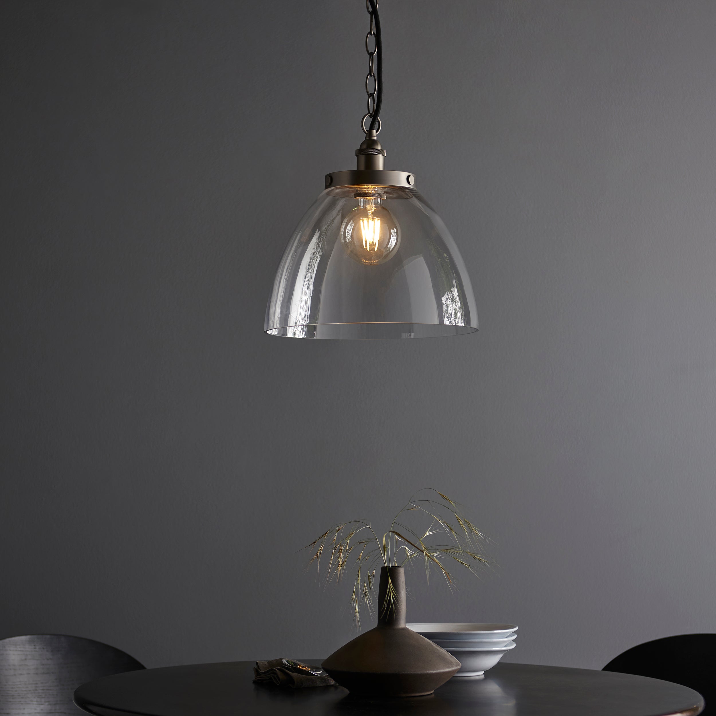 Endon Hansen Grand Single Pendant - Brushed Silver Paint & Clear Glass