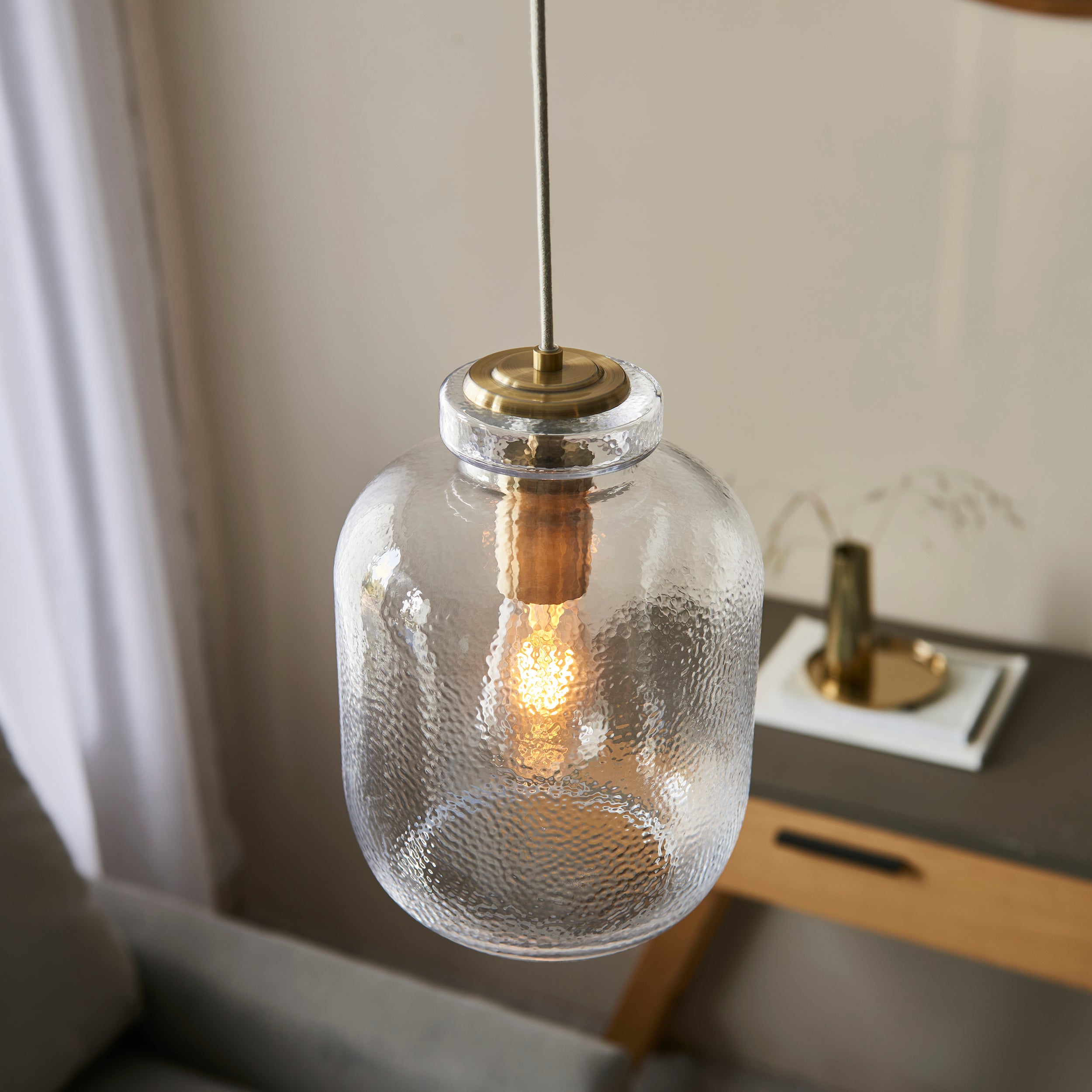 Endon Lyra Single Pendant - Clear textured Glass & Antique Brass Plate