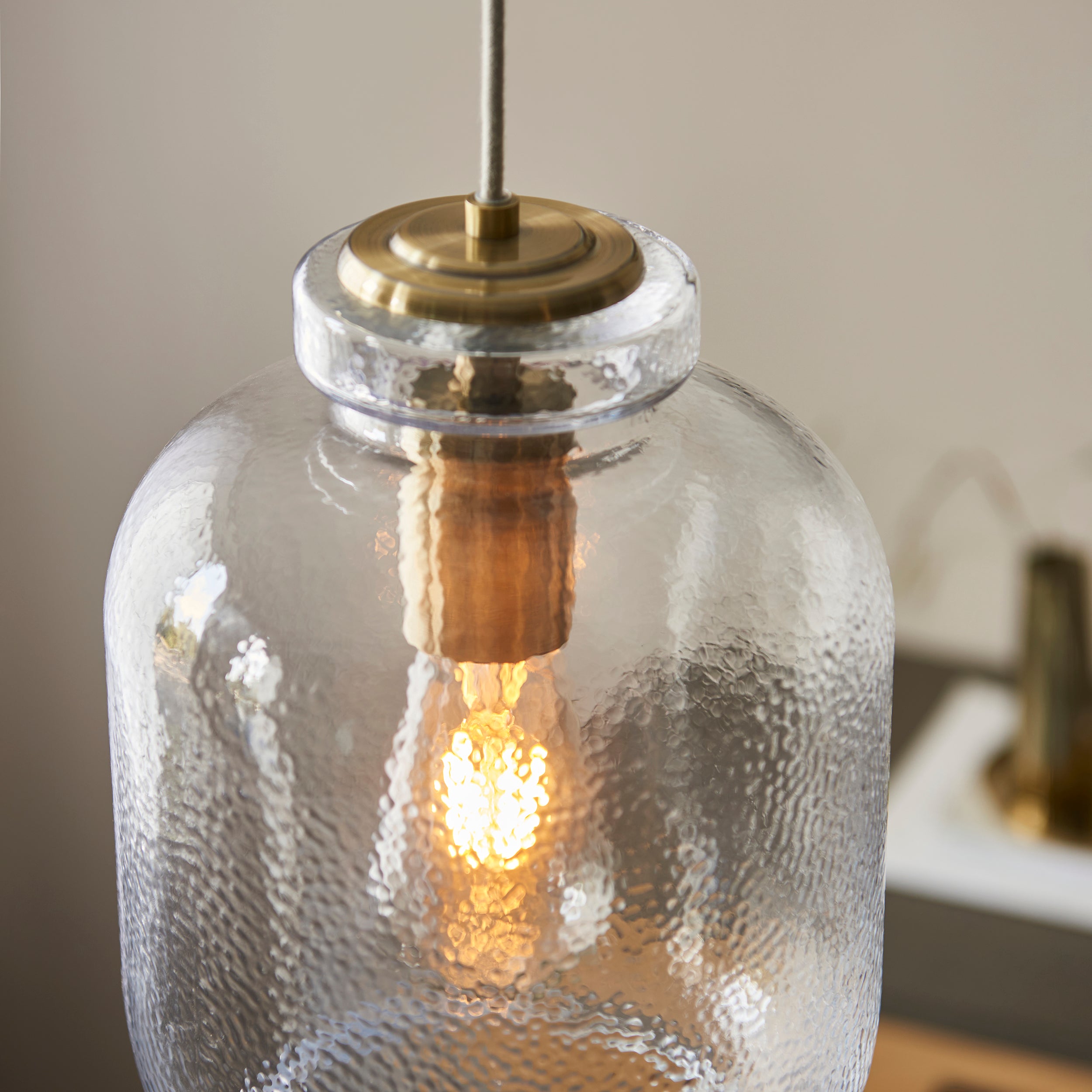 Endon Lyra Single Pendant - Clear textured Glass & Antique Brass Plate