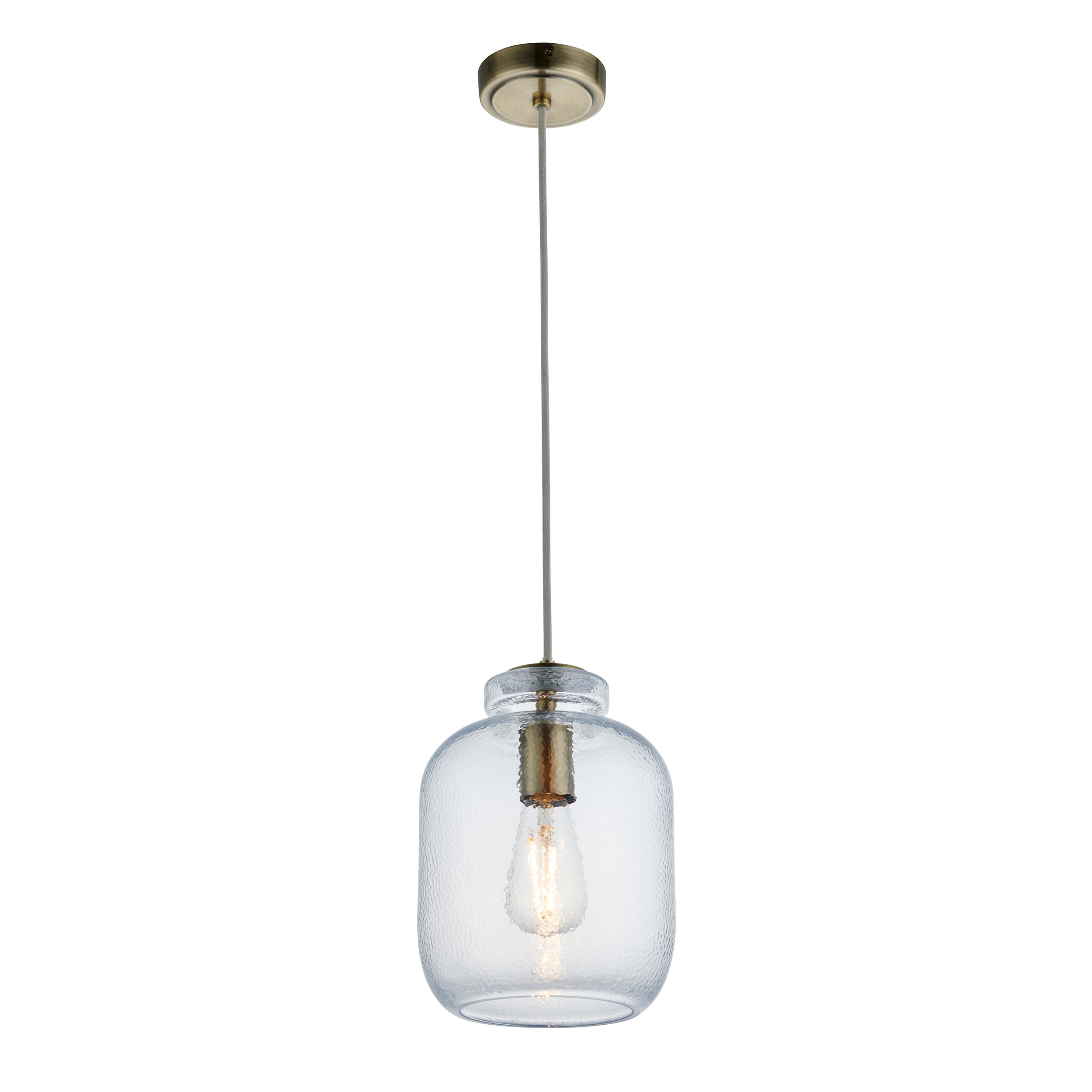 Endon Lyra Single Pendant - Clear textured Glass & Antique Brass Plate