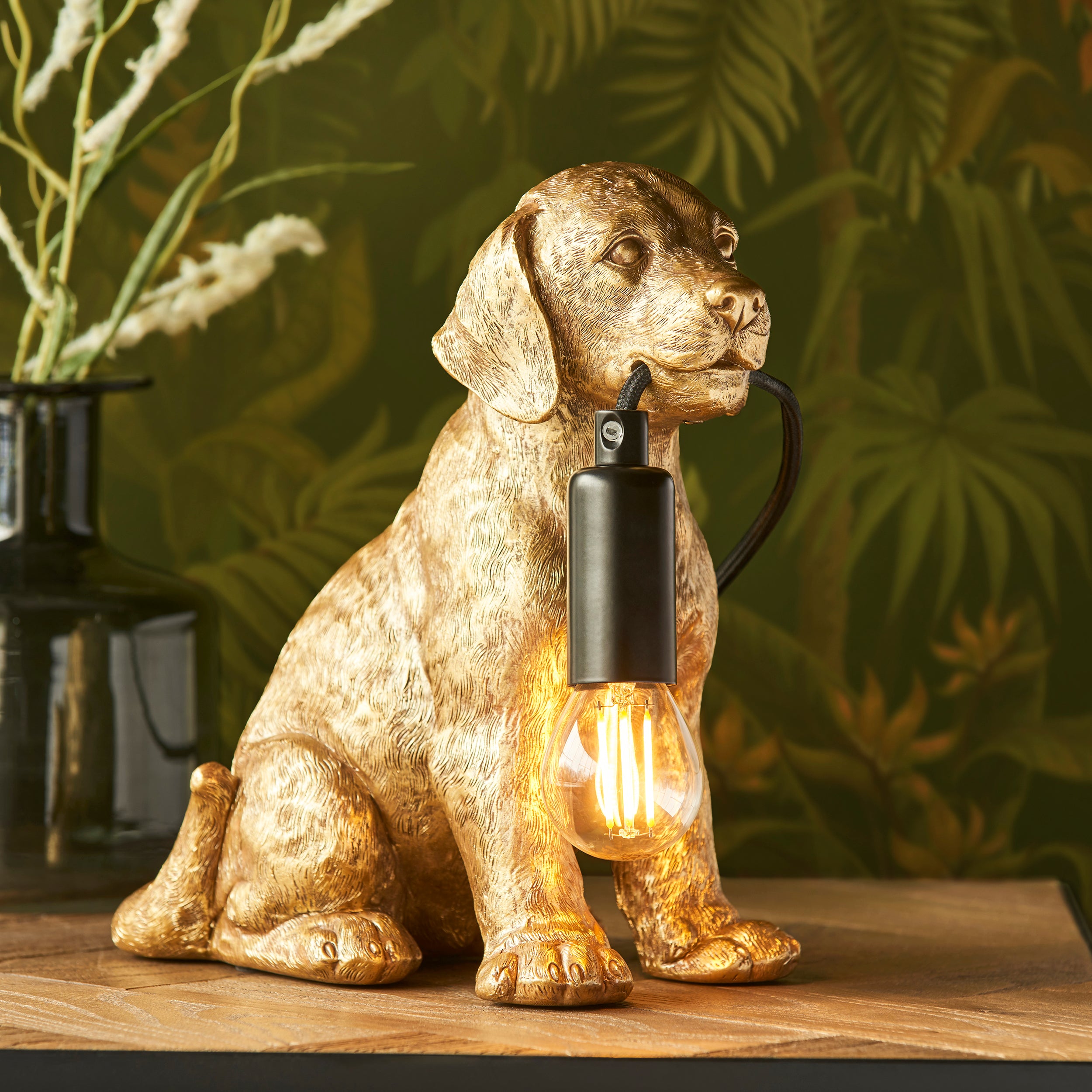 Endon Labrador Puppy 1 Light Table Lamp - Vintage Gold & Matt Black