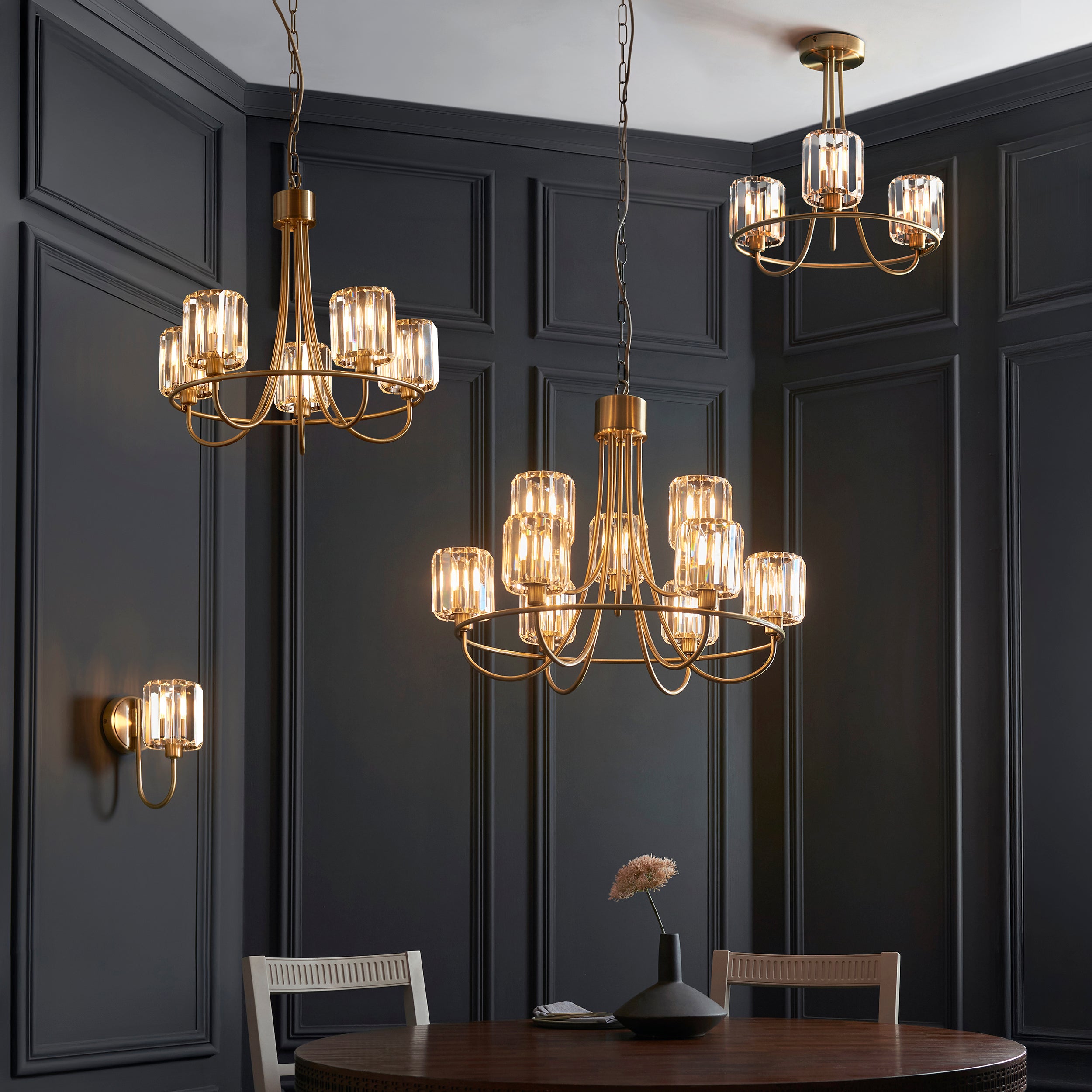 Endon Berenice 3 Light Semi-Flush Fitting - Antique Brass Plate & Clear Glass