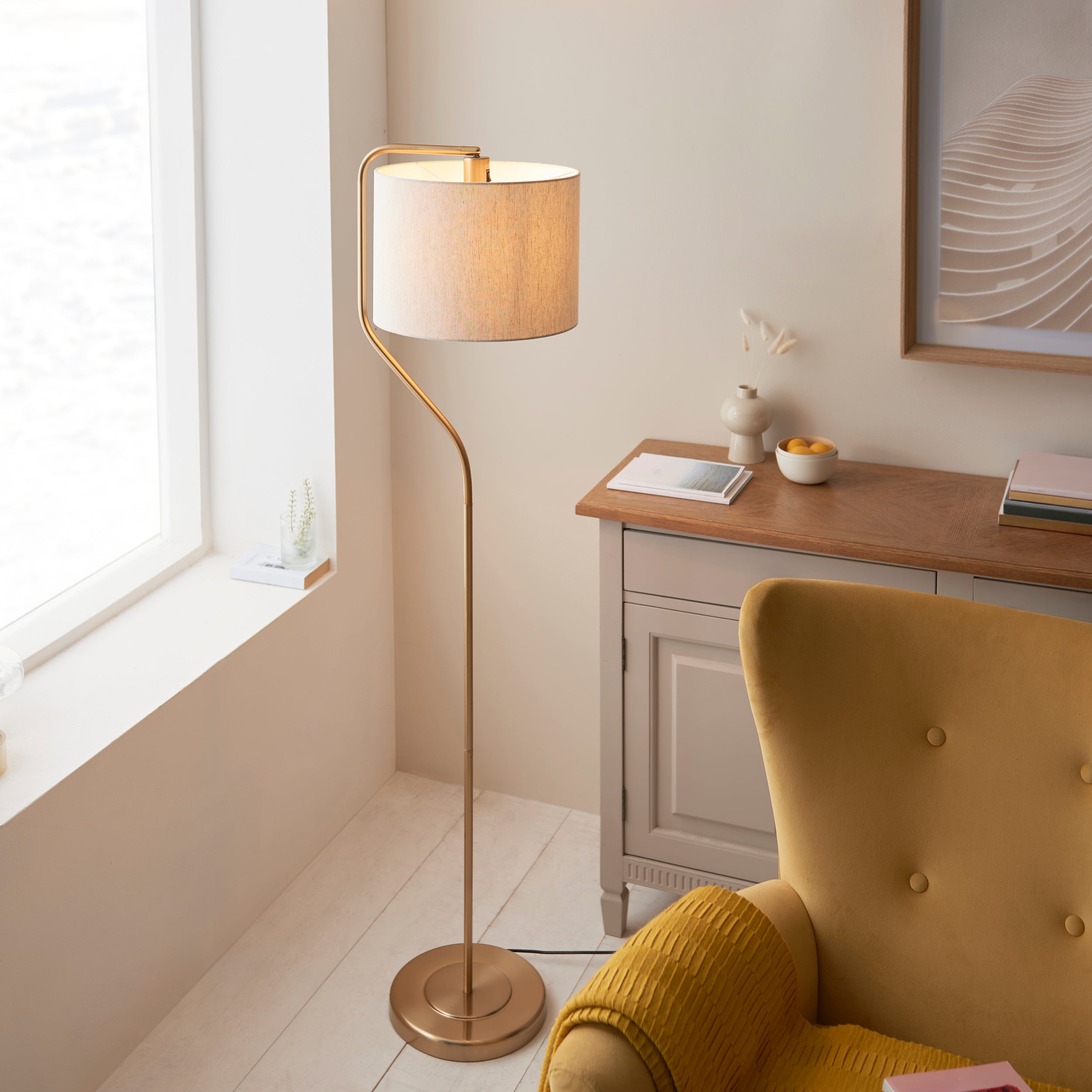 Endon Clement Single Light Floor - Brushed Aged Brass Plate & Natural Linen Mix Fabric