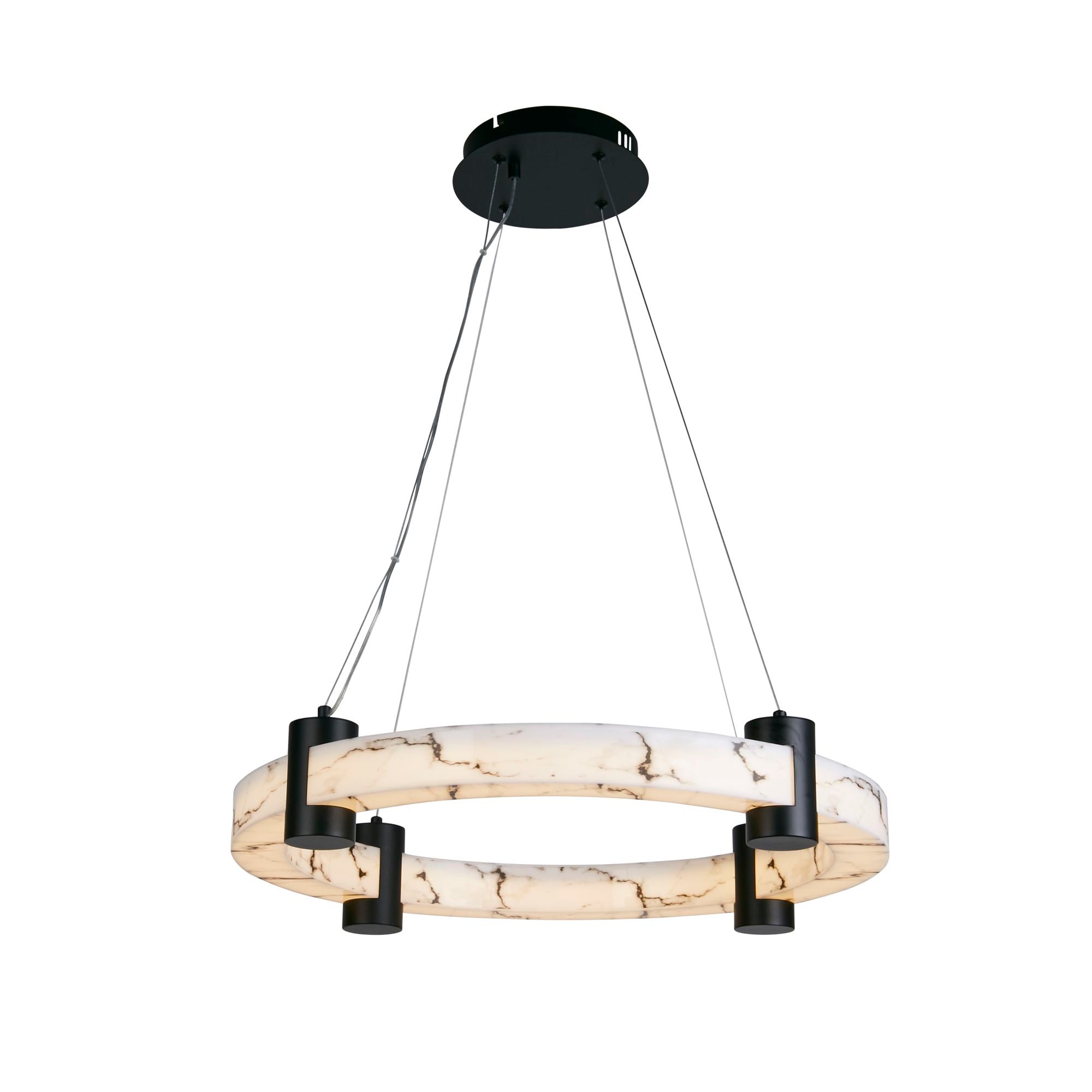 Searchlight Moonbeam LED Pendant in black with marble effect resin on a white background, ring lit showing a warm glow through the veined resin