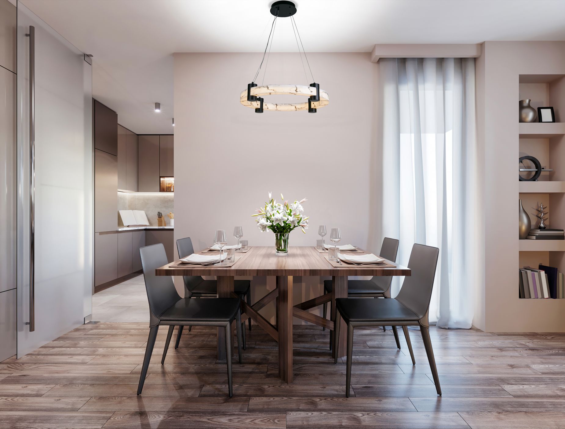 Searchlight Moonbeam LED Pendant in black with marble effect resin hanging above a dining table in a warm toned dining room