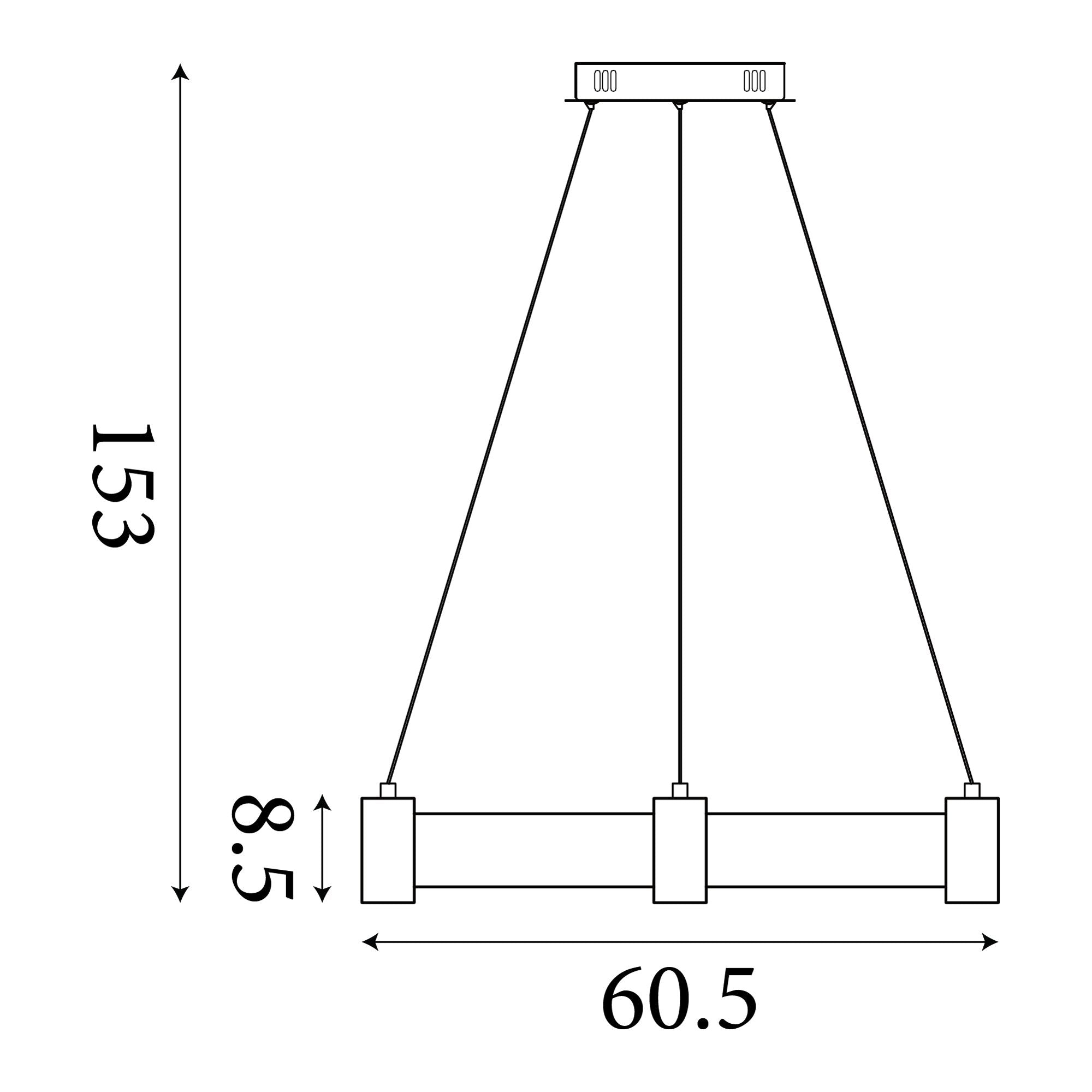 Searchlight Moonbeam LED Pendant technical drawing showing 153cm drop, 60.5cm ring width and 8.5cm ring depth