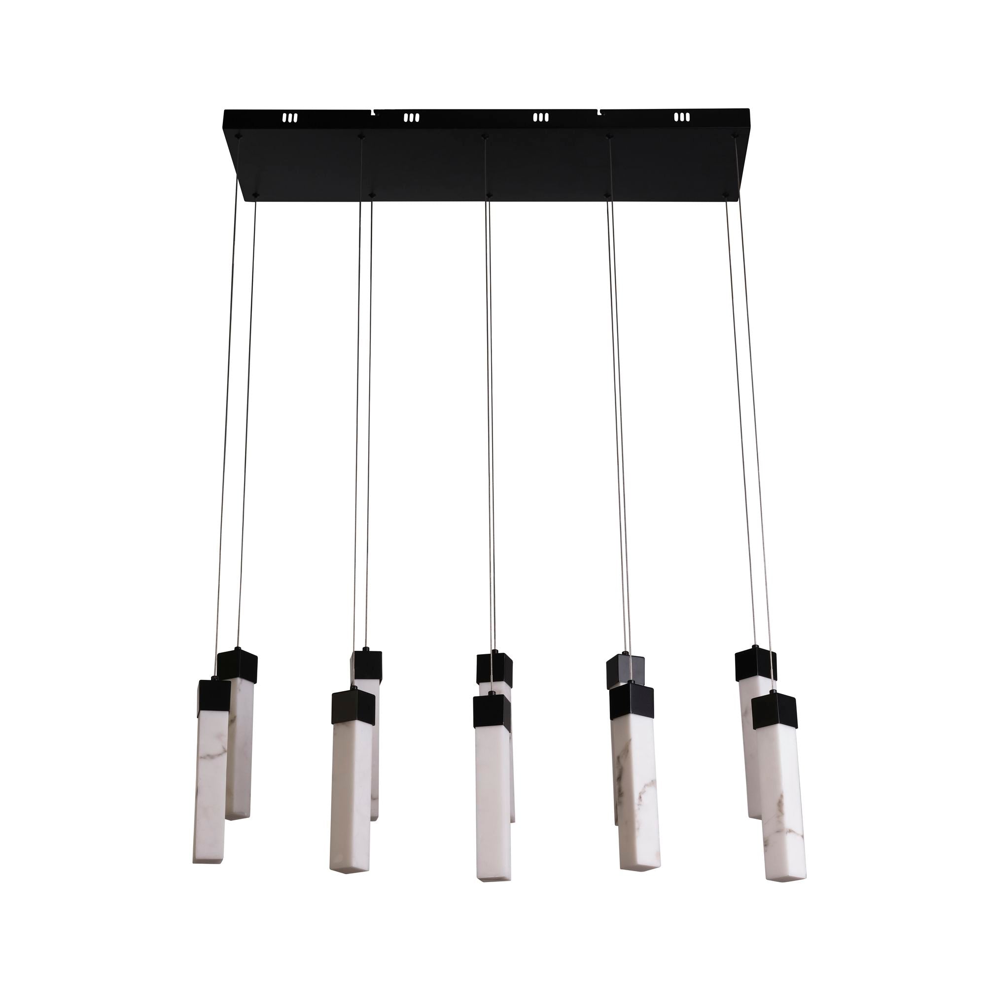 Searchlight Moonbeam 10 light pendant in black and marble effect resin, straight front view of the ten staggered drops