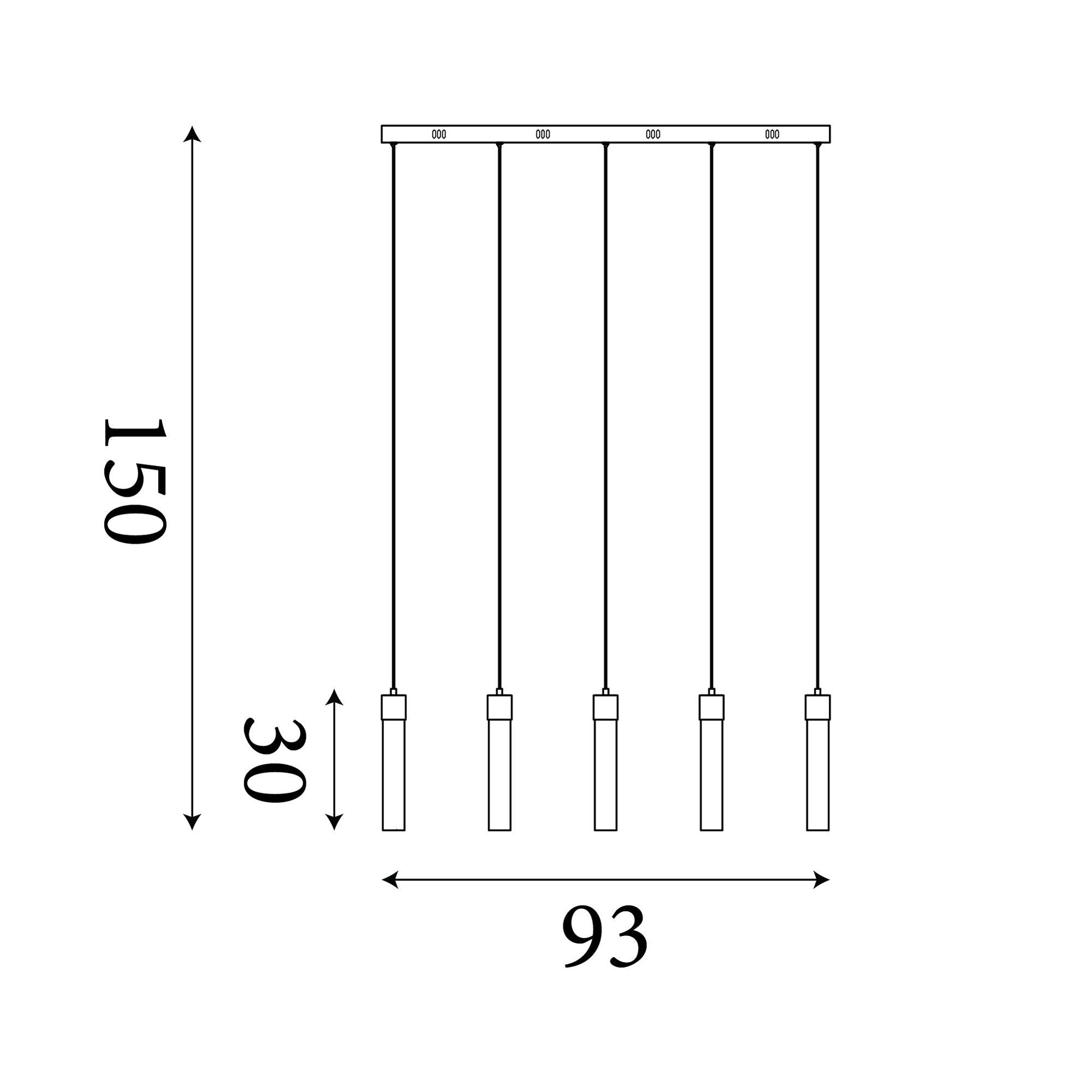 Technical line drawing of the Moonbeam 10 light pendant showing 93cm bar width, 150cm maximum drop height, and 30cm shade length