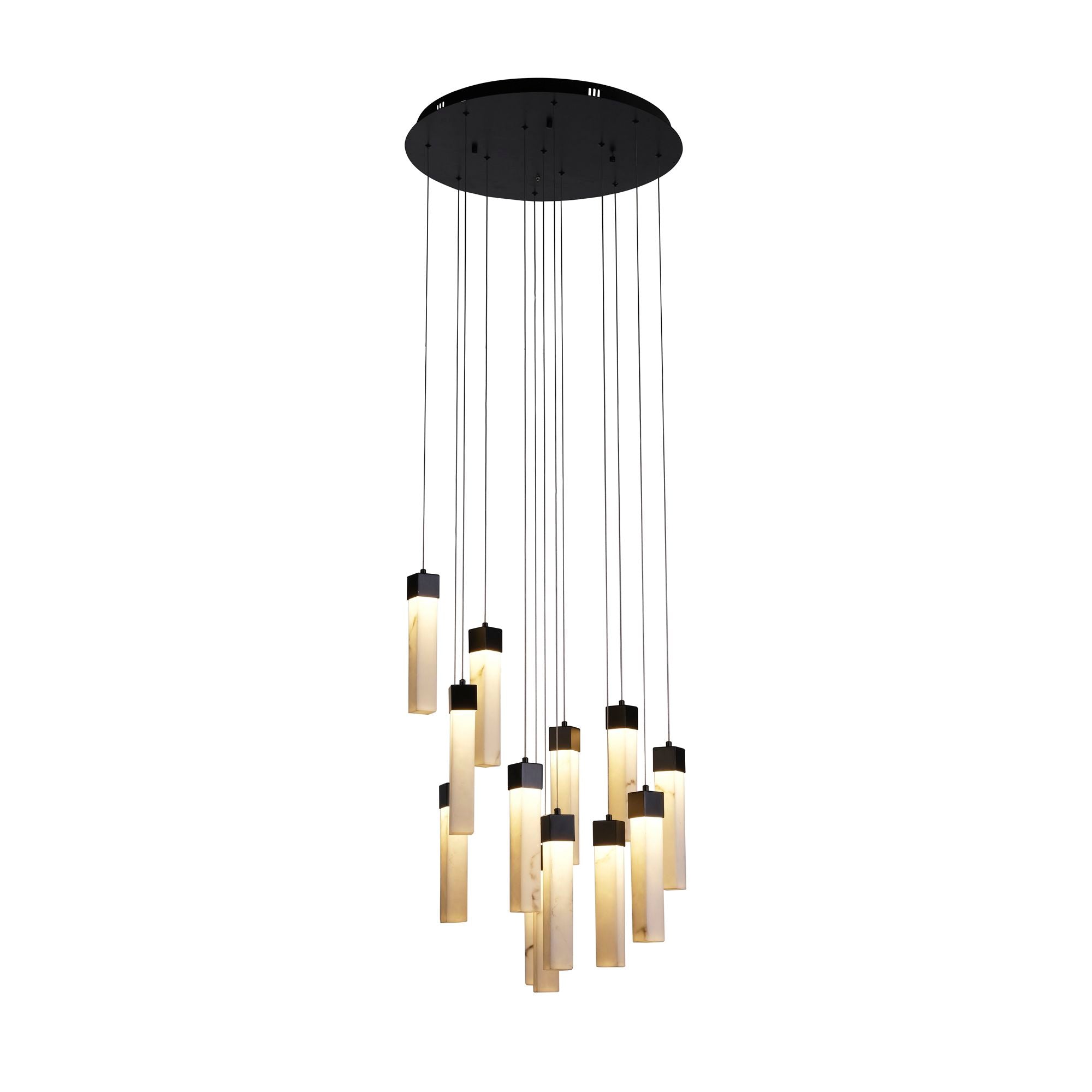 Searchlight Moonbeam 13 Light Pendant in black with marble effect resin on a white background, thirteen rectangular resin bars cascading at staggered heights, lit
