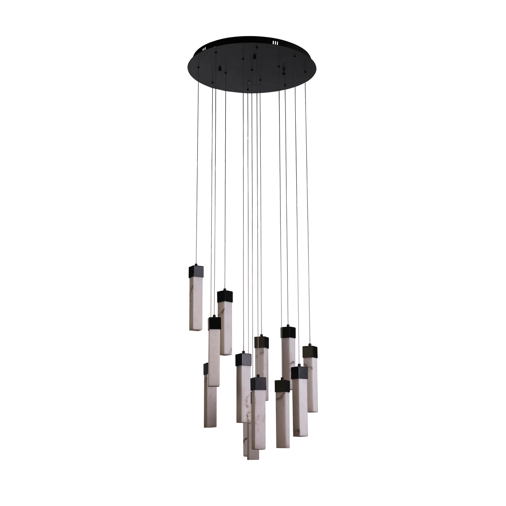 Searchlight Moonbeam 13 Light Pendant in black with marble effect resin on a white background, alternate view of the cascading resin bars