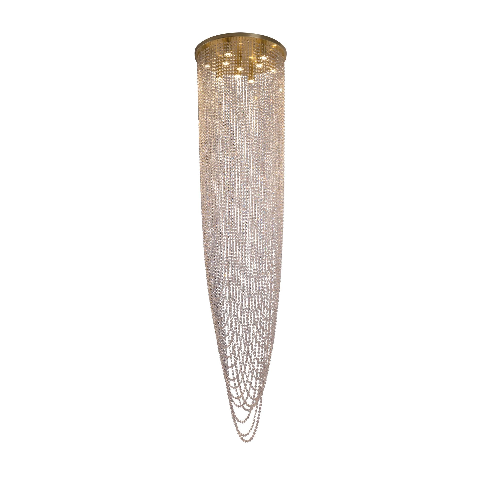 Searchlight Swoop 10 Light Pendant in satin brass and clear crystal, lit studio shot showing the full cascading length