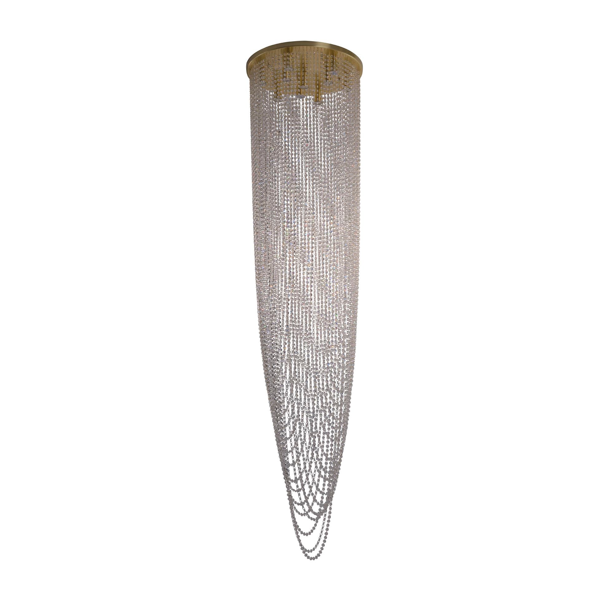 Searchlight Swoop 10 Light Pendant in satin brass and clear crystal, unlit studio shot