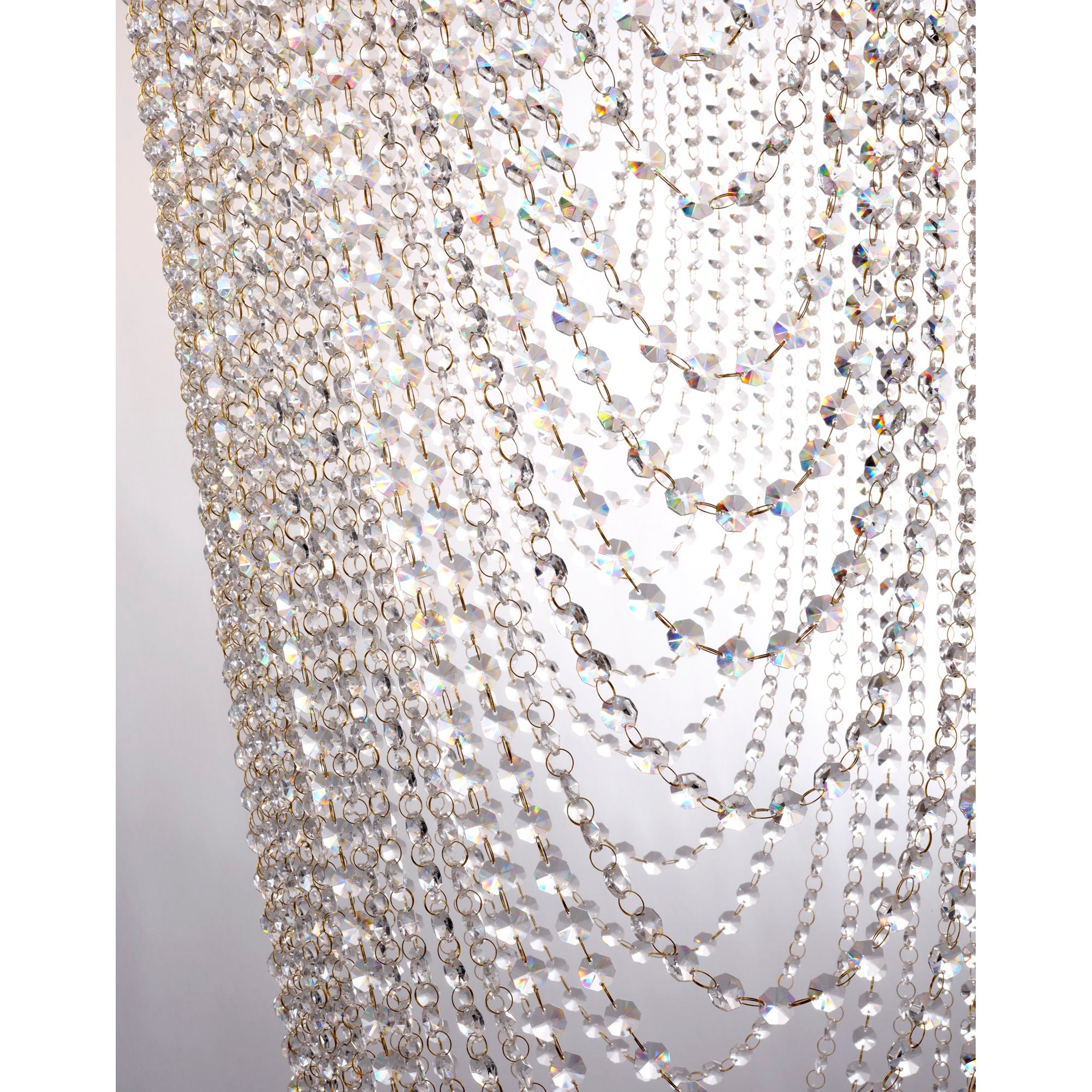 Close up of the cascading crystal bead strands on the Swoop 10 Light Pendant