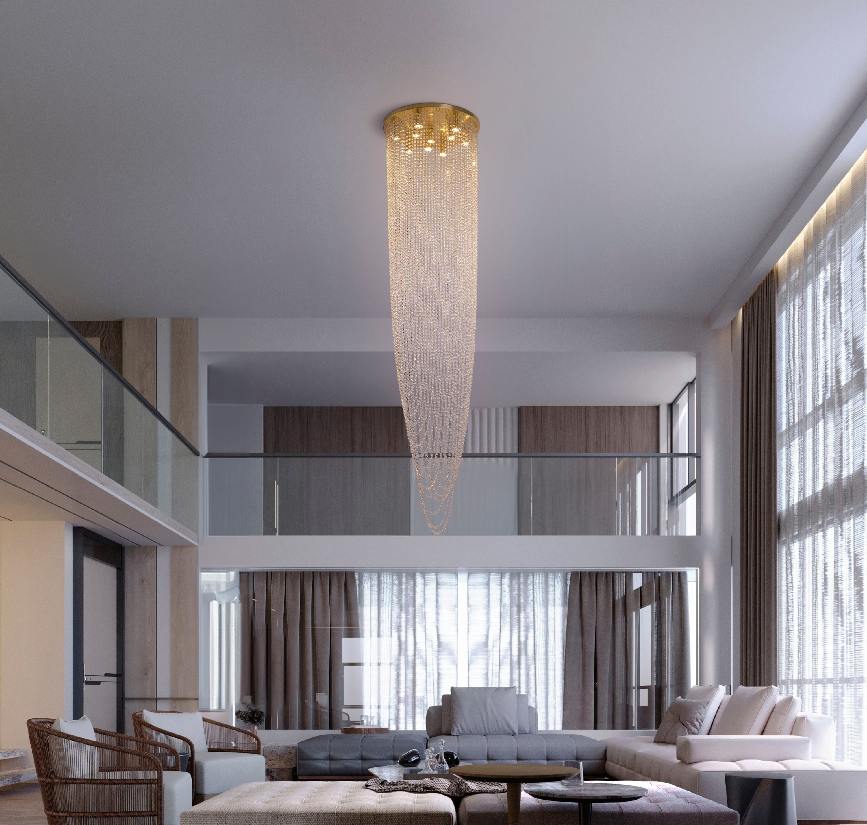 Swoop 10 Light Pendant lit and hanging in a double height living room with a mezzanine