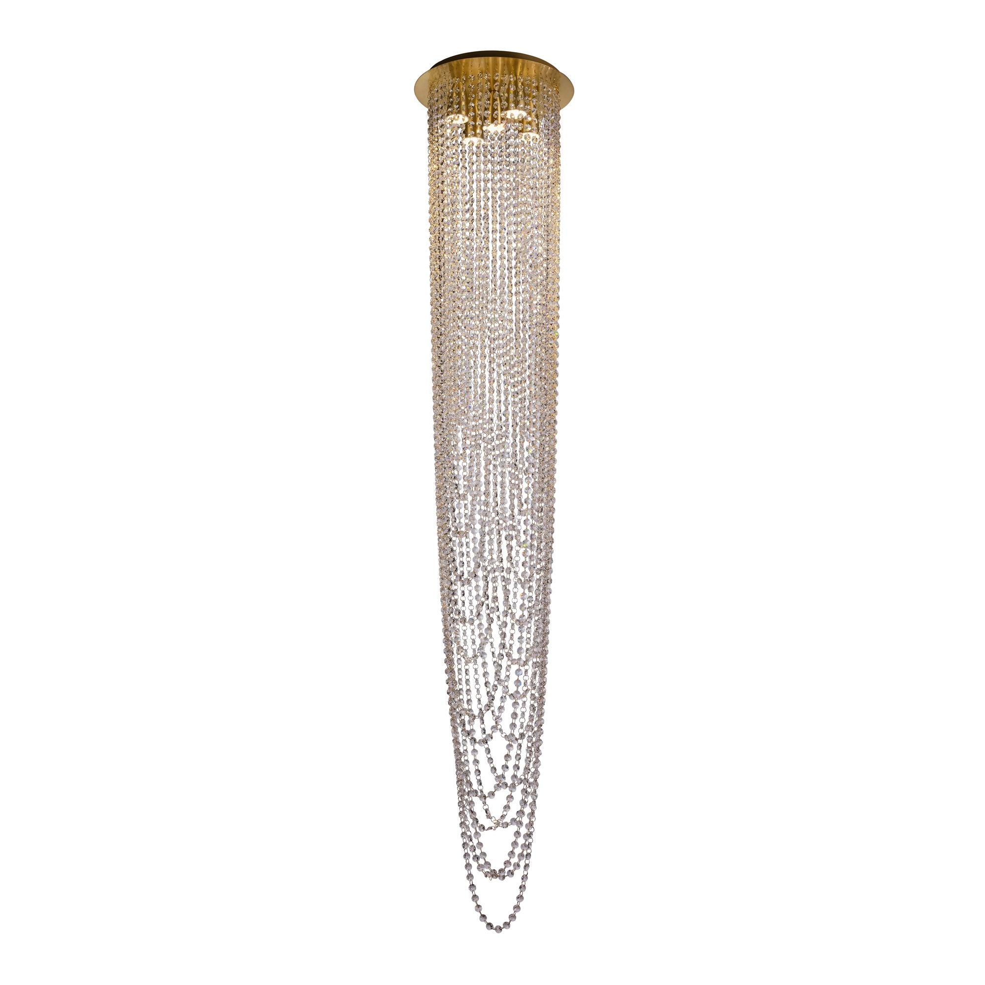 Searchlight Swoop 5 Light Pendant in satin brass, full length studio shot on a white background showing the tall column of clear crystal beads tapering to a point