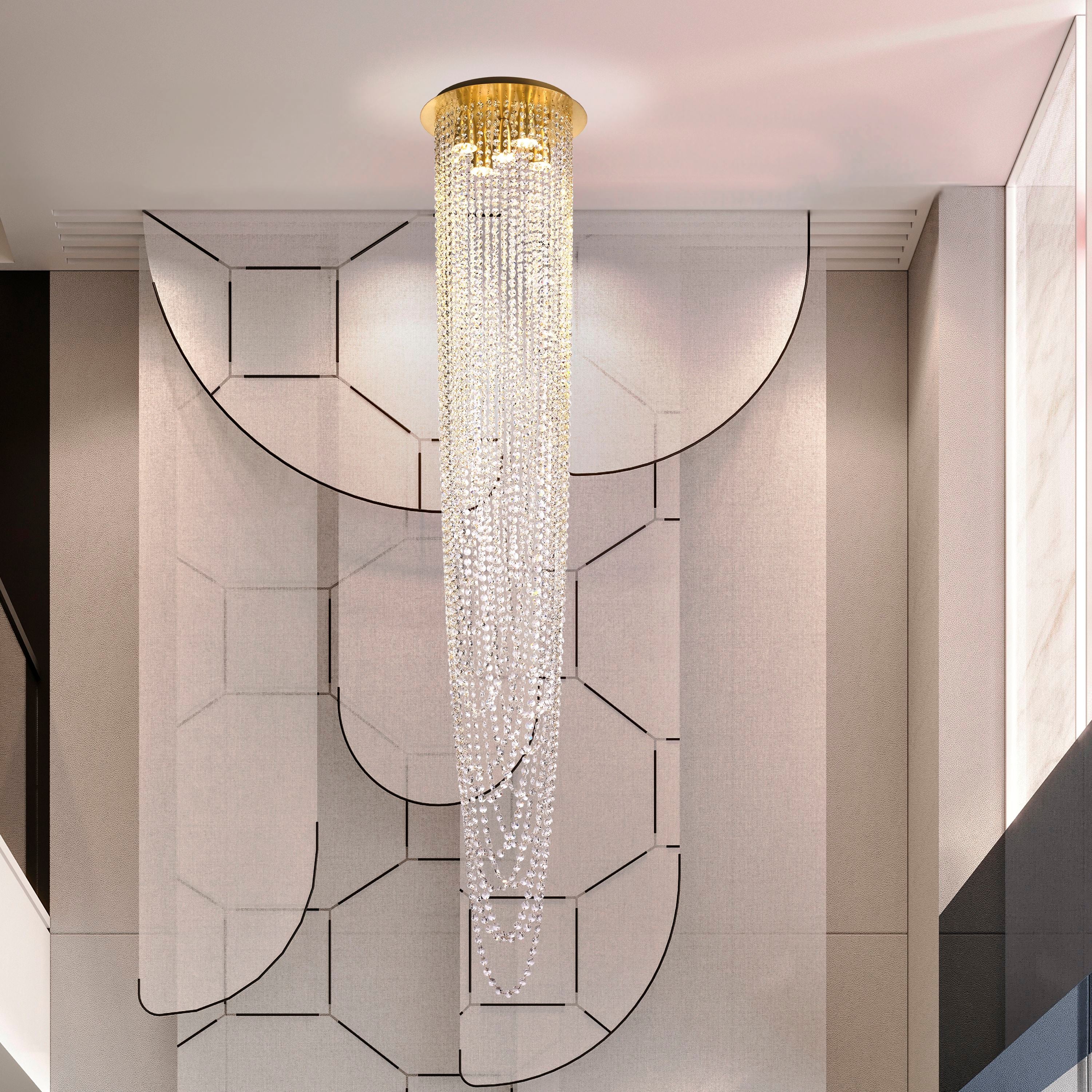 Searchlight Swoop 5 Light Pendant styled in a hallway with a patterned wall panel, hanging from a high ceiling