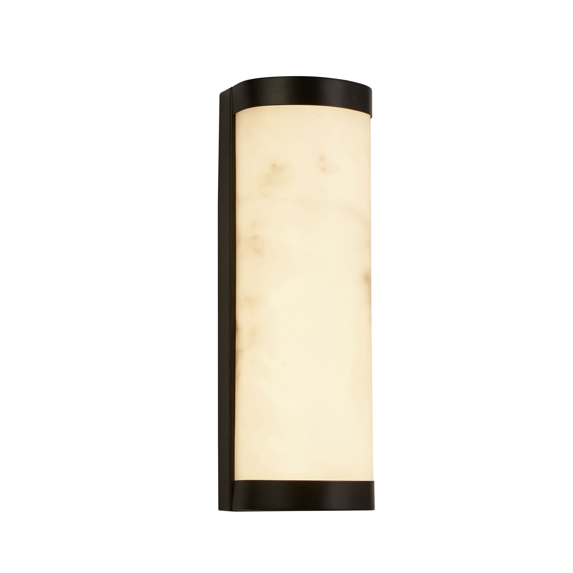 Searchlight Nile LED Wall Light 25cm in matt black with marble effect resin, front view of the lit rounded bar shade