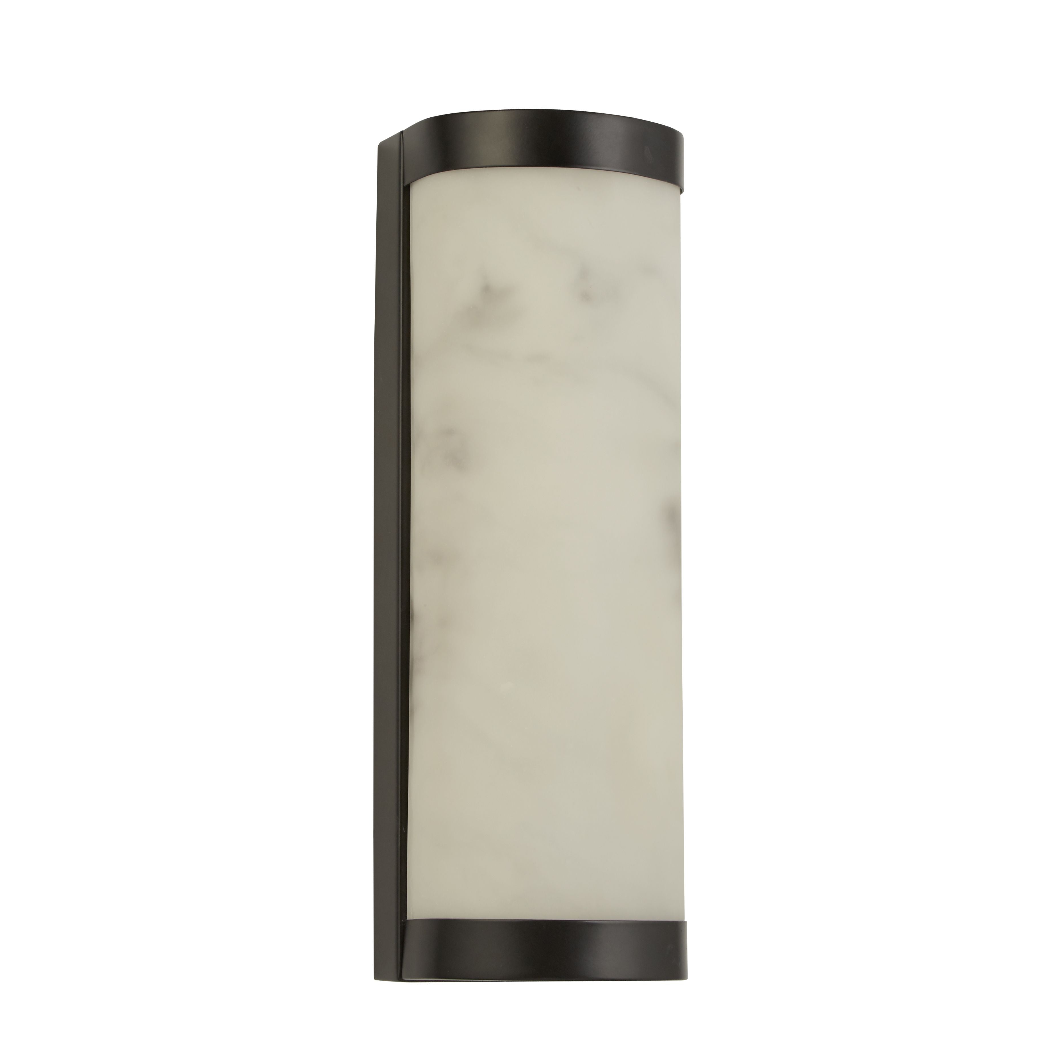 Searchlight Nile LED Wall Light 36cm in matt black with marble effect resin, straight on view showing the curved top and bottom edges