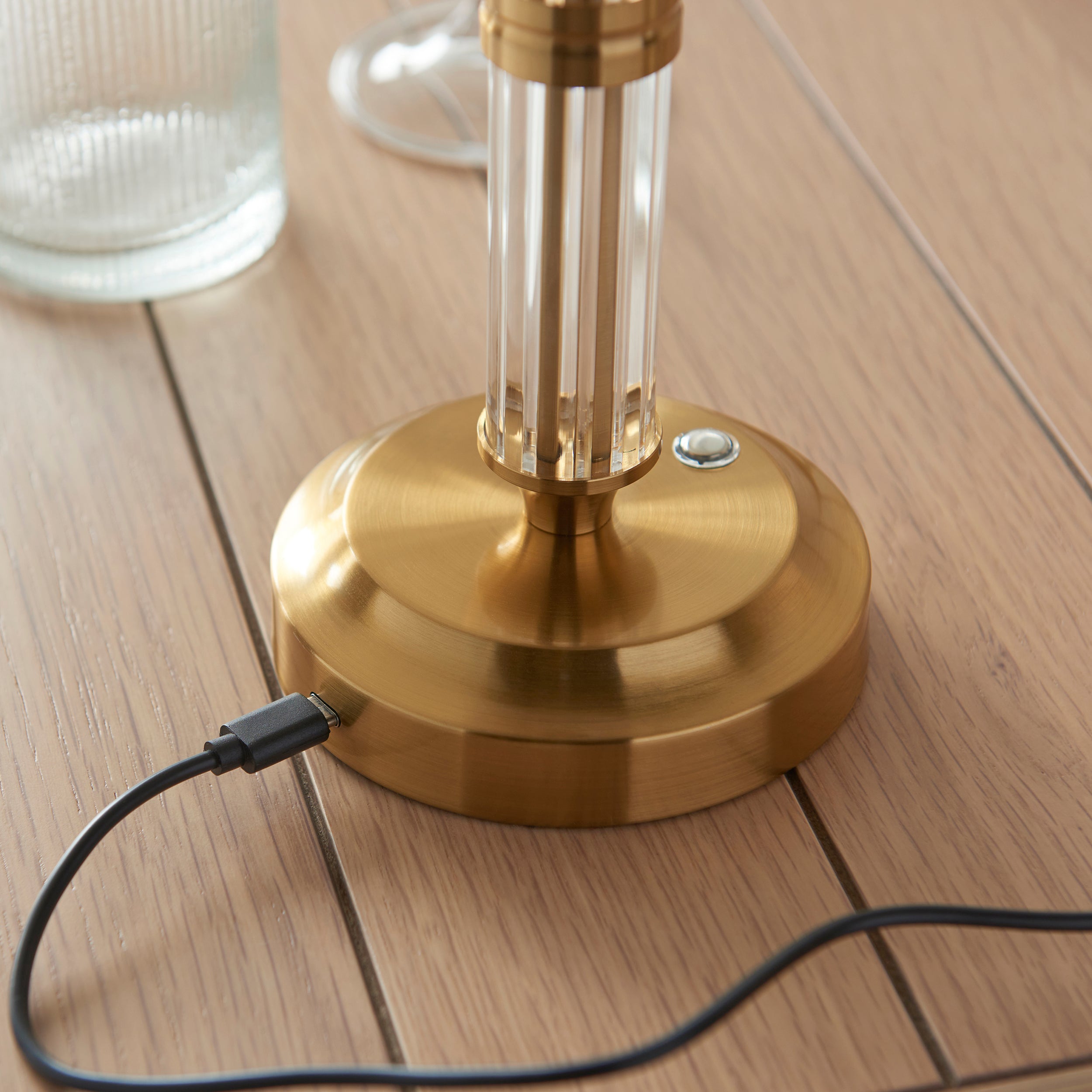 Endon Morton Rechargeable Table Lamp - Brushed Aged Brass Plate & Clear Acrylic