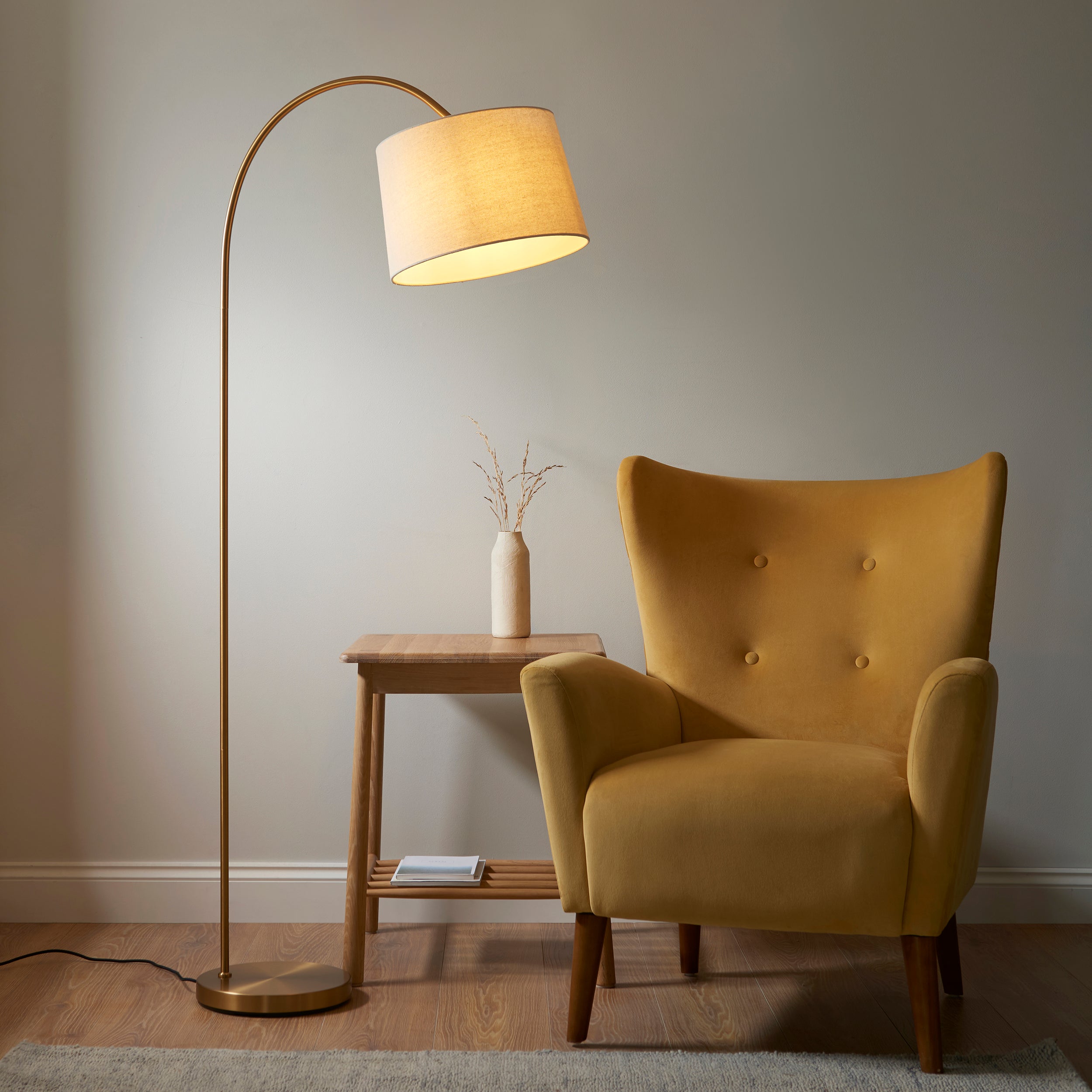 Endon Carlson Single Light Floor - Warm Brass Plate & Natural Fabric