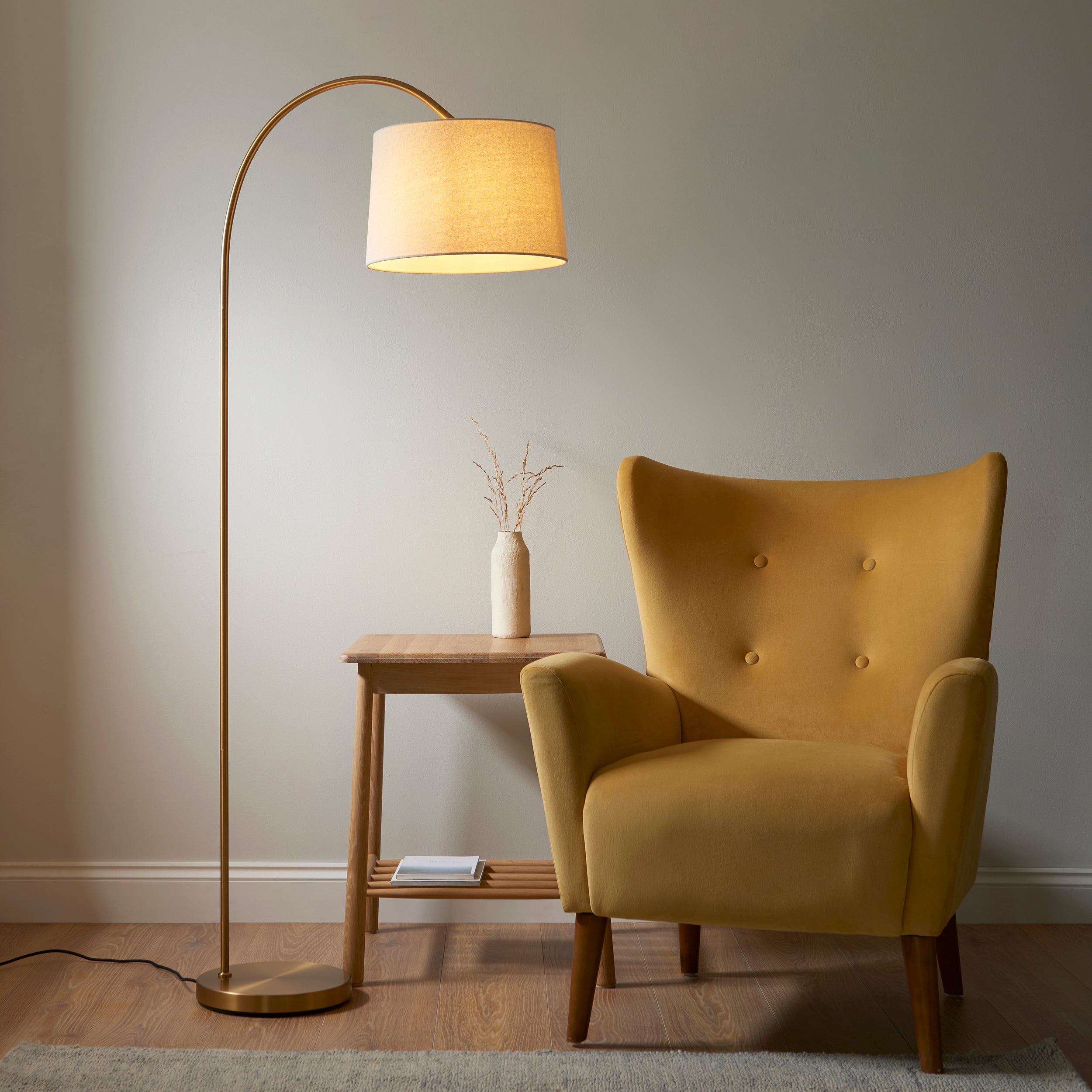 Endon Carlson Single Light Floor - Warm Brass Plate & Natural Fabric