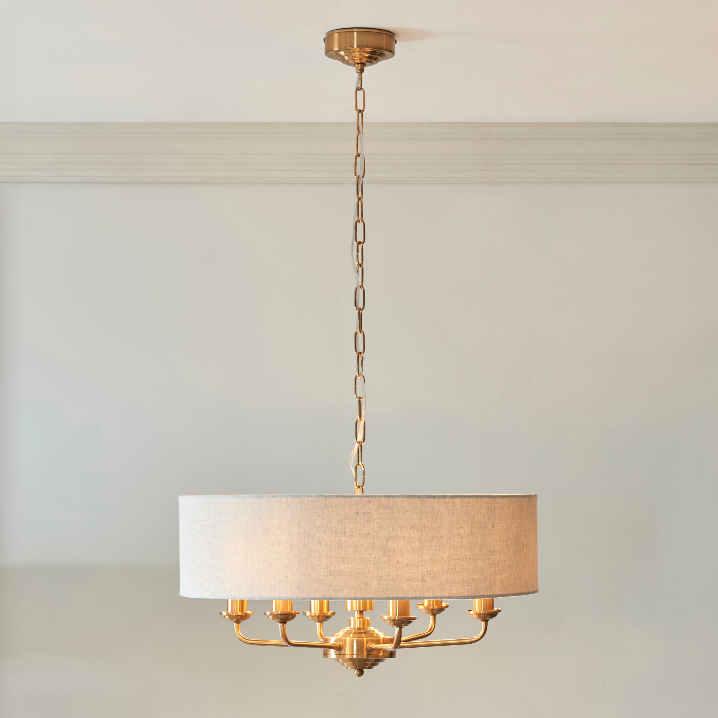 Endon Highclere 6 Light Pendant - Vintage Brass & Natural Linen