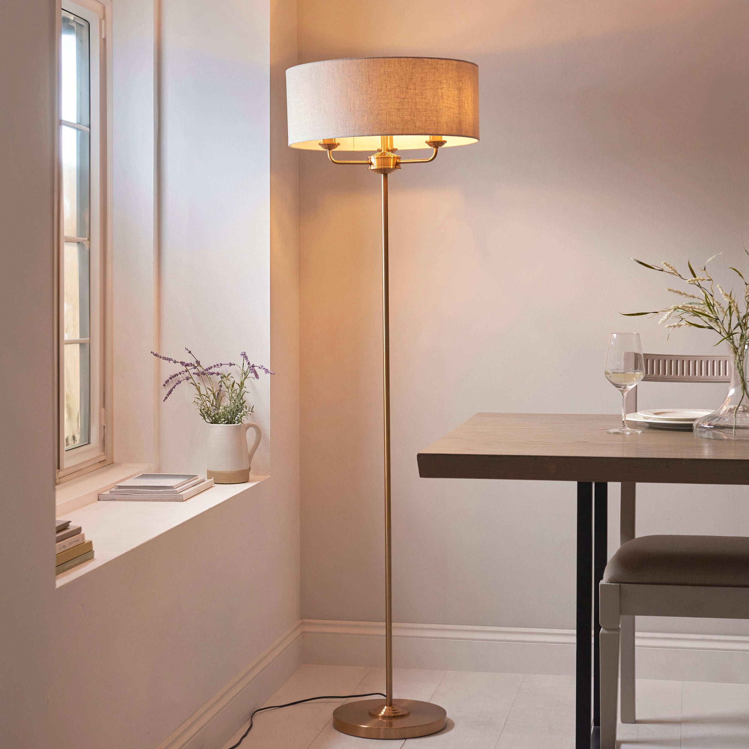 Endon Highclere 3 Light Floor - Vintage Brass & Natural Linen