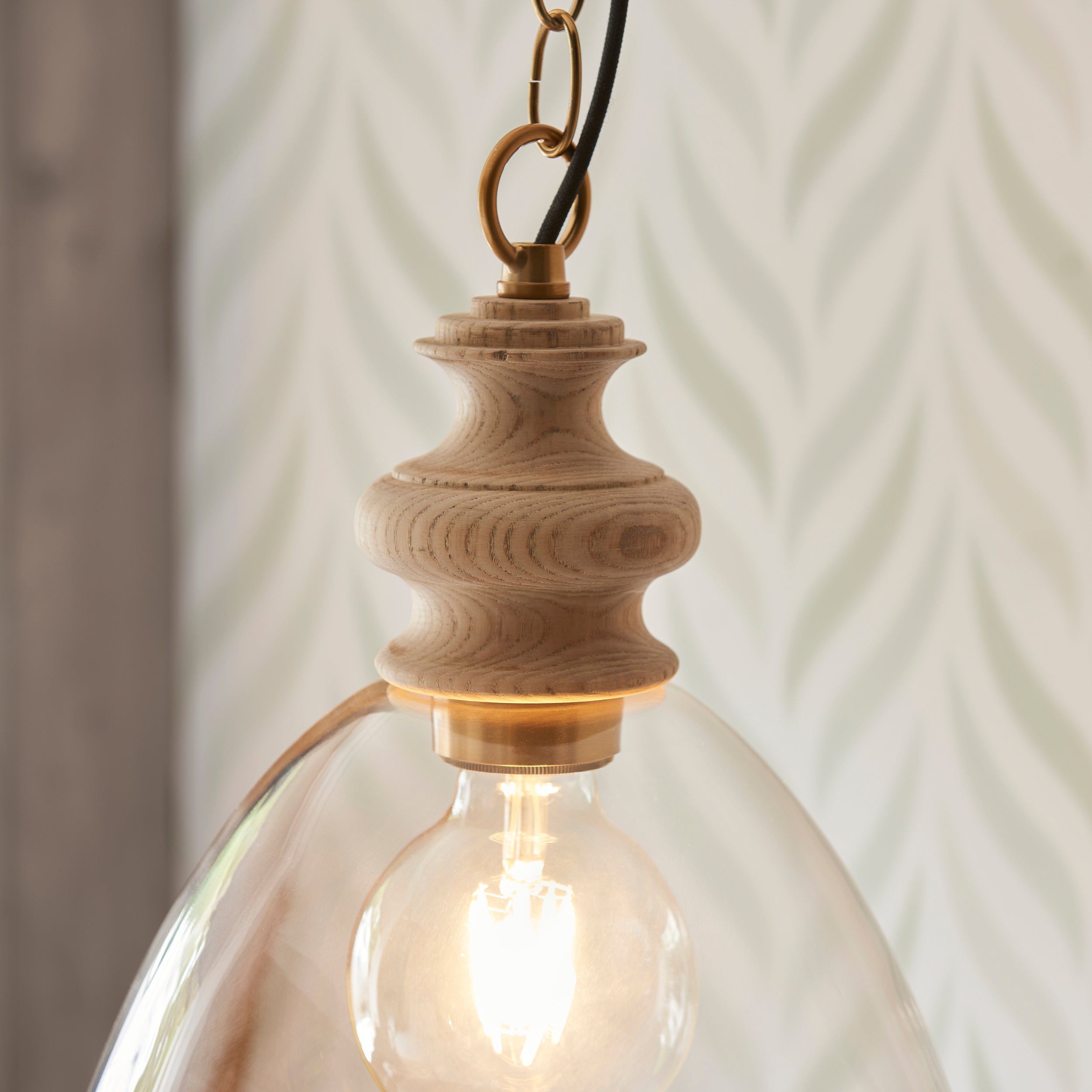 Endon Cotswold Single Light Pendant - Natural Ash, Brushed Aged Brass Plate & Clear Glass