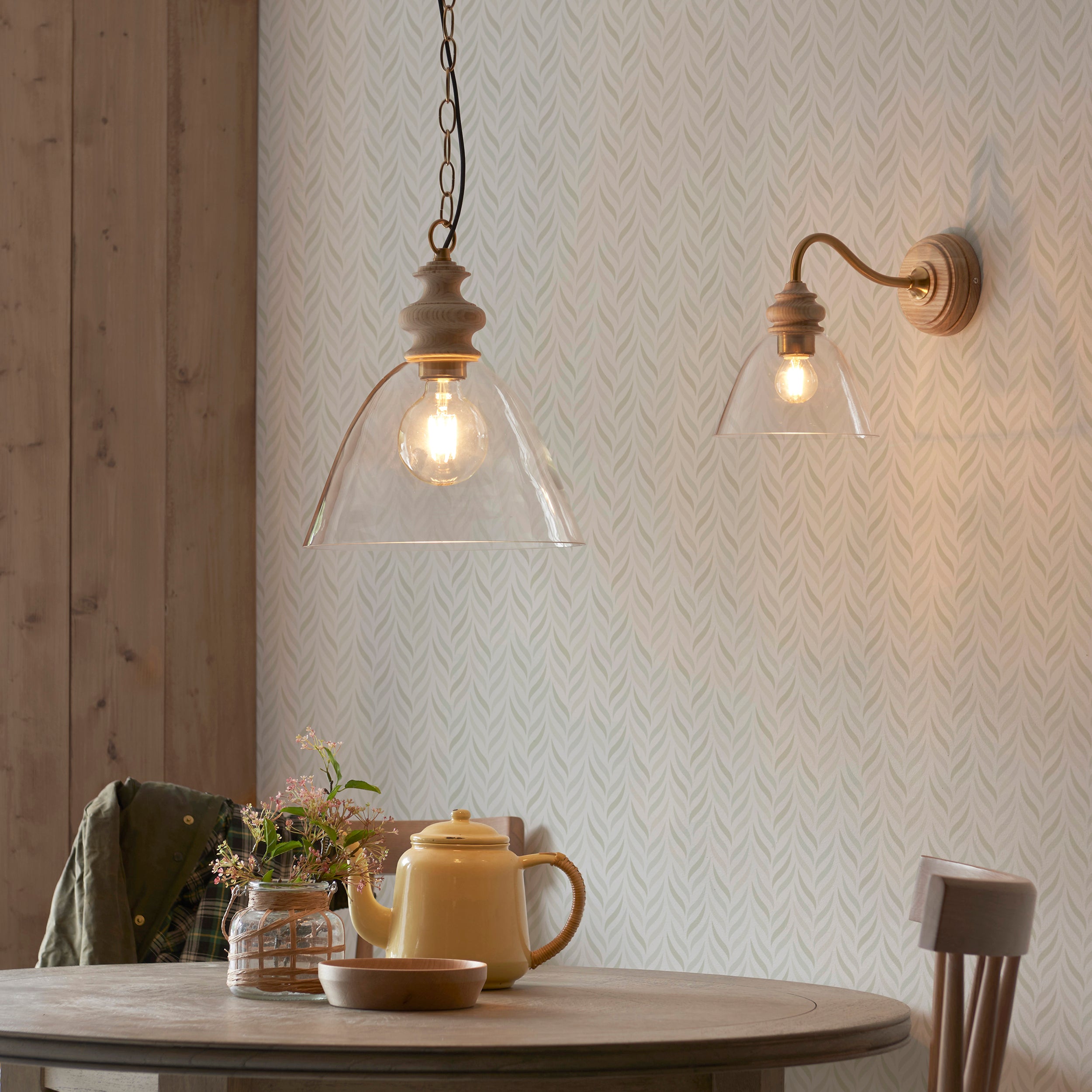 Endon Cotswold Single Light Pendant - Natural Ash, Brushed Aged Brass Plate & Clear Glass