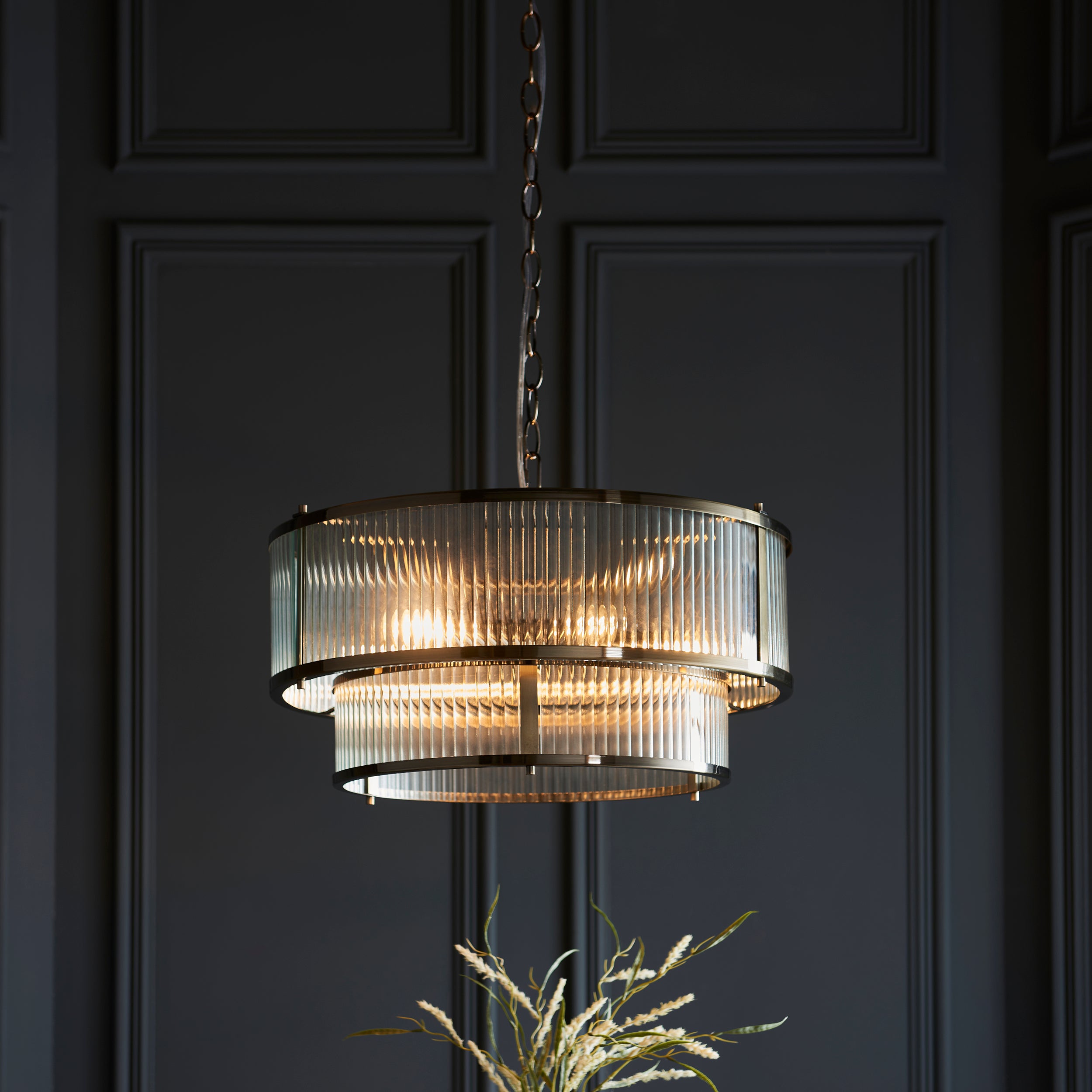 Endon Ridgeton 5 Light Pendant - Antique Brass Plate & Clear Ribbed Glass