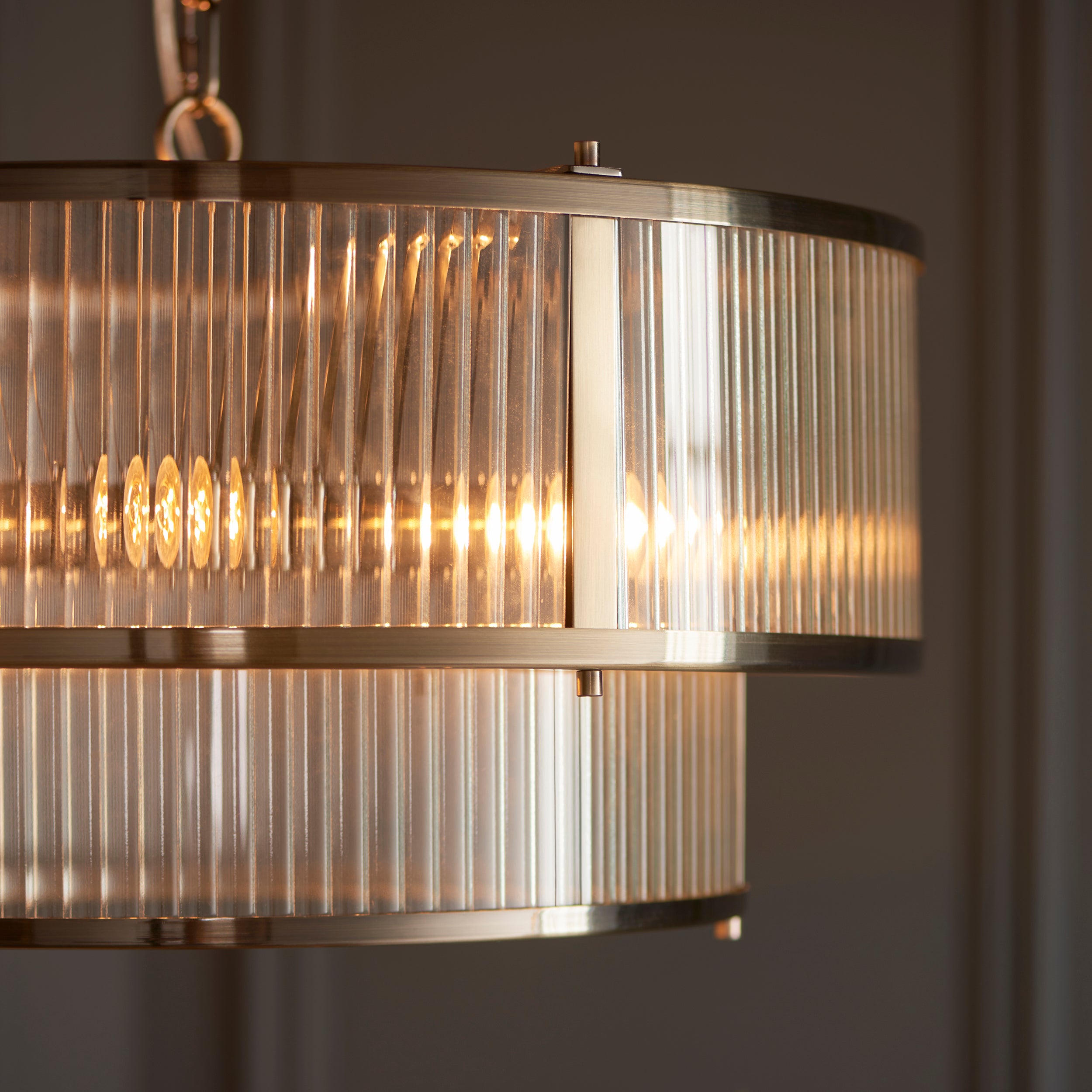 Endon Ridgeton 5 Light Pendant - Antique Brass Plate & Clear Ribbed Glass
