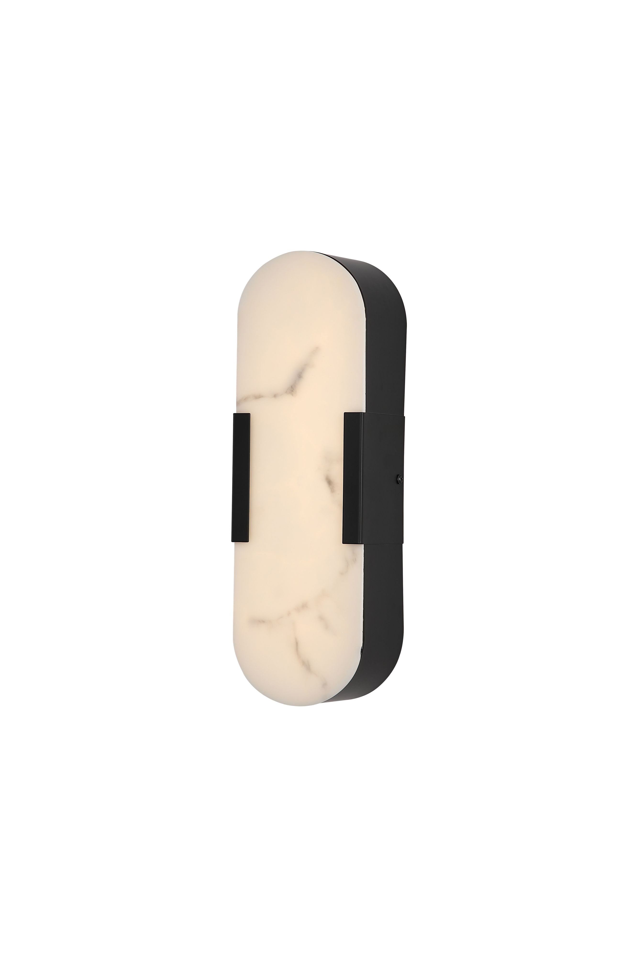 Searchlight Opaline LED wall light in matt black with marble effect resin shade, angled studio shot, lit