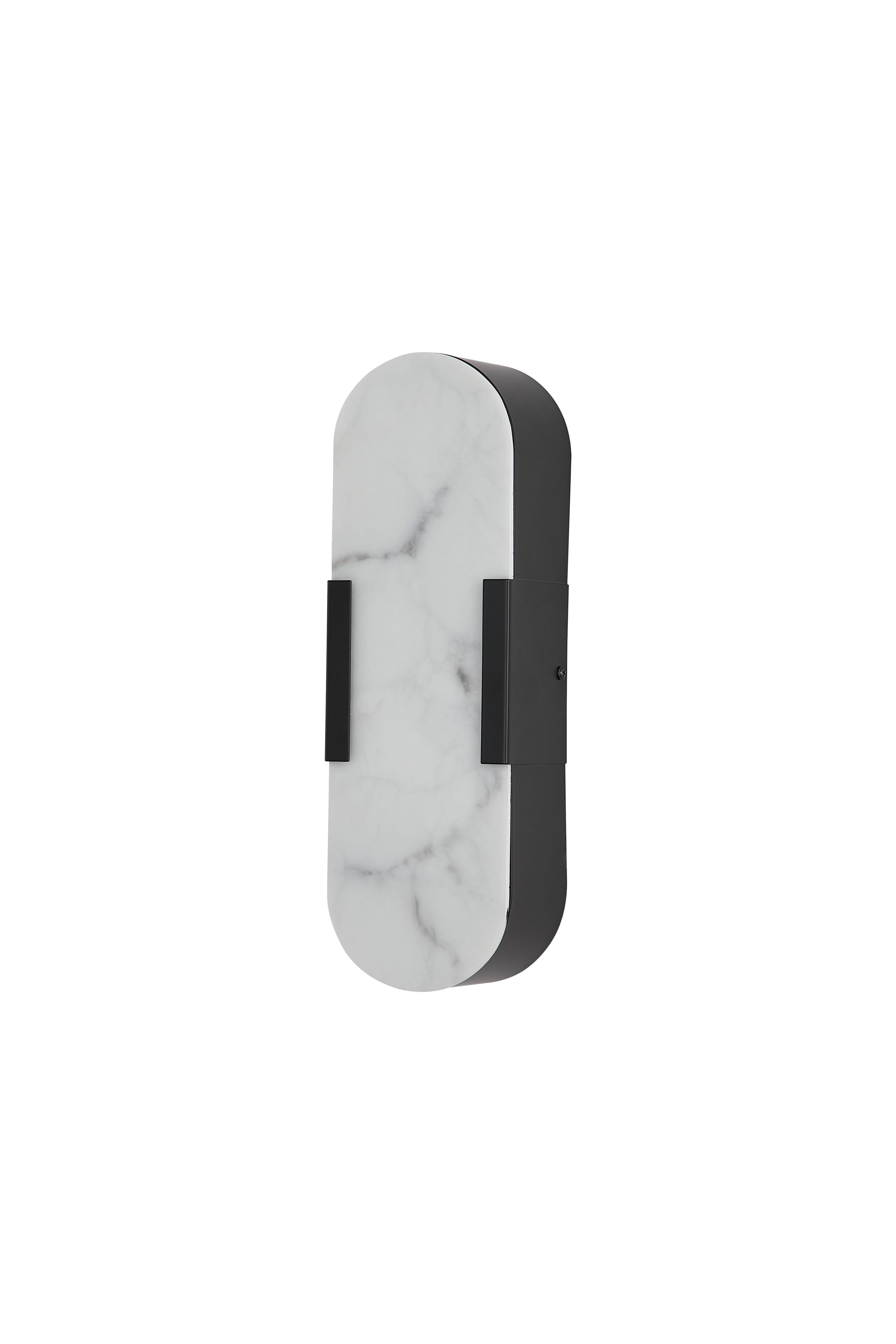 Searchlight Opaline LED wall light in matt black with marble effect resin shade, alternate angled studio view, lit
