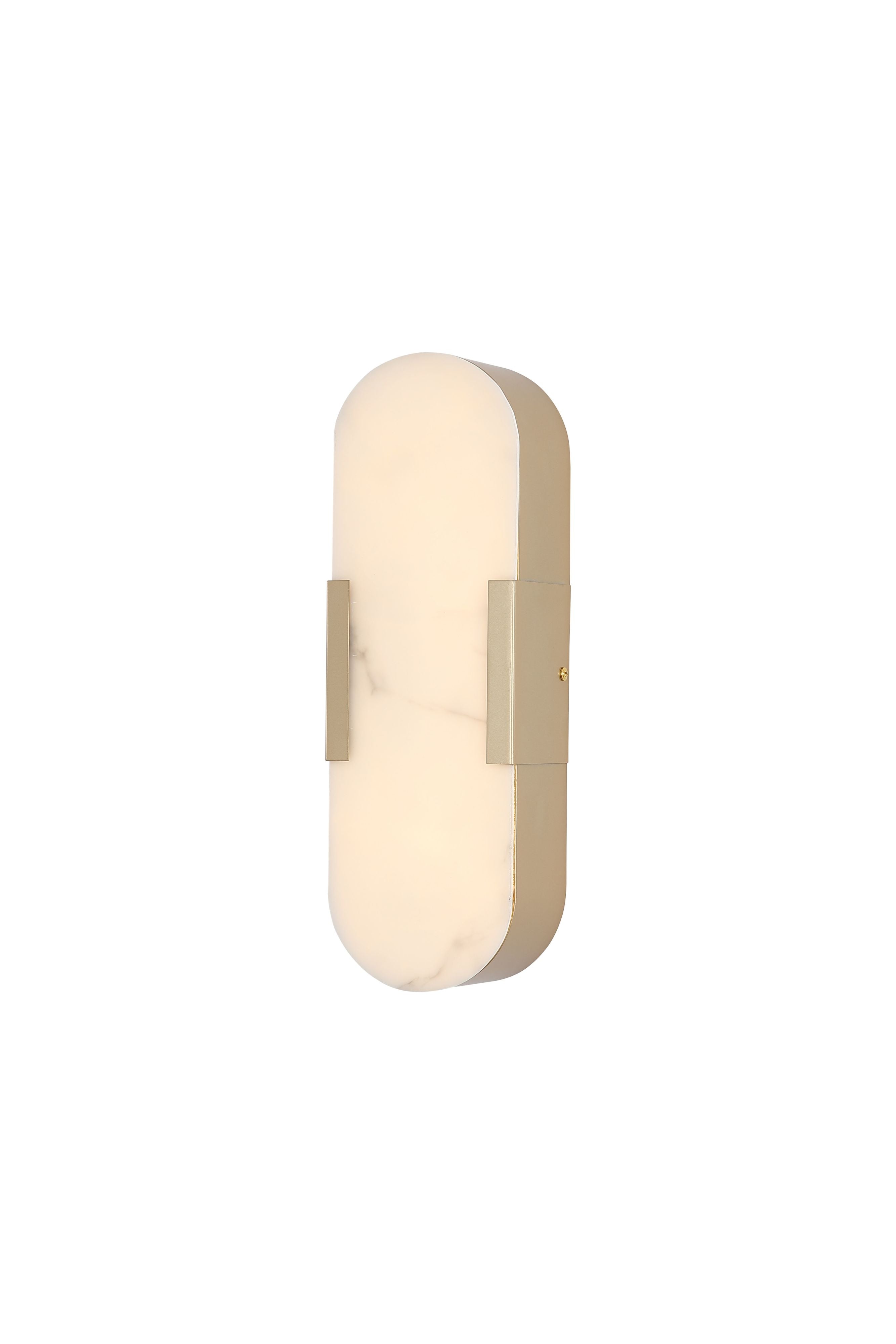 Searchlight Opaline LED wall light in matt gold with marble effect resin shade, angled studio shot, lit