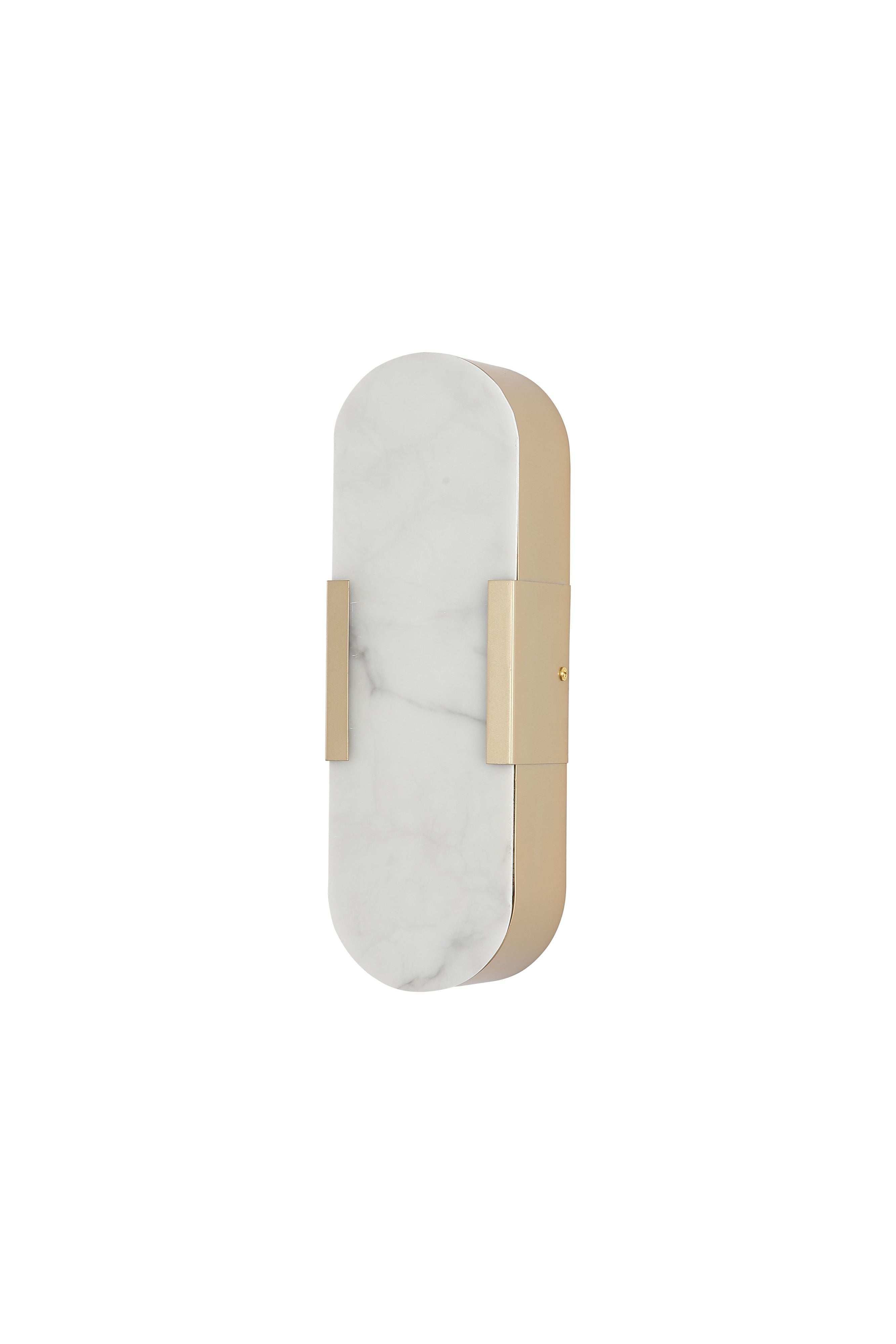 Searchlight Opaline LED wall light in matt gold with marble effect resin shade, alternate angled studio view, lit