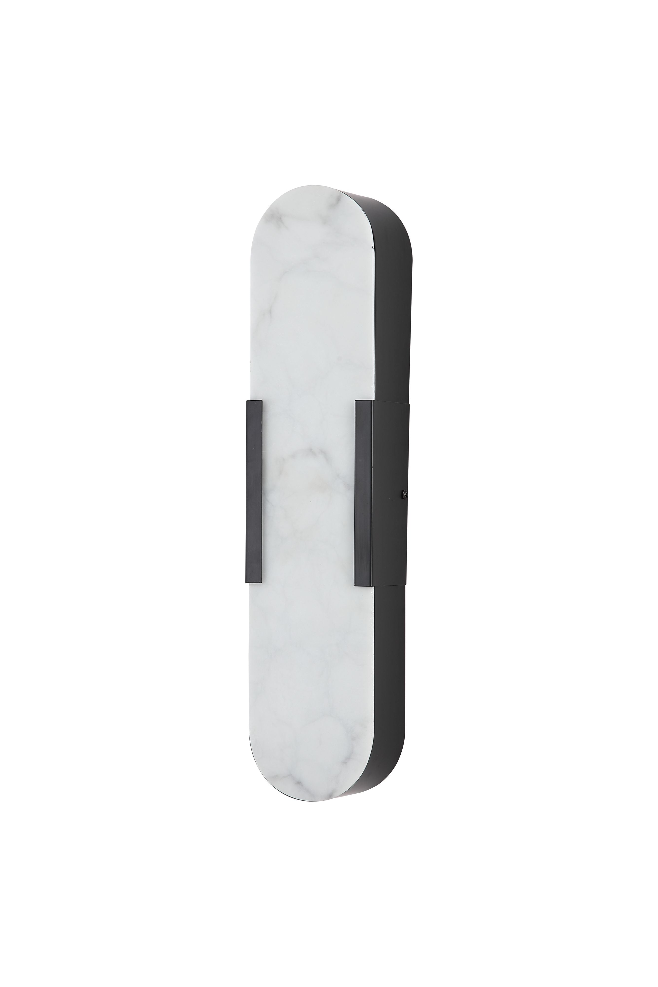 Searchlight Opaline LED wall light in matt black with marble effect resin shade, straighter front angle showing the lit marble veined panel