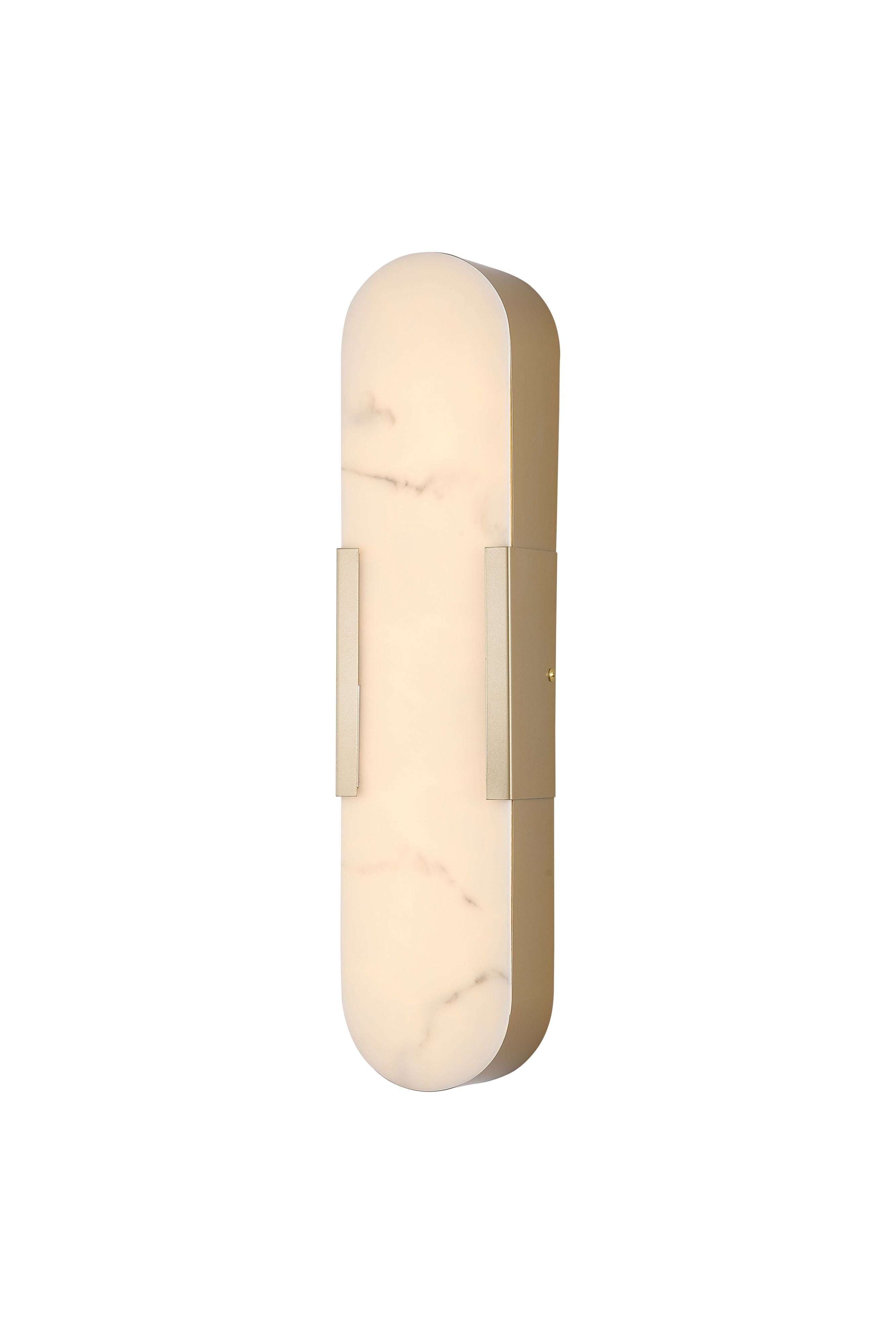 Searchlight Opaline LED wall light in matt gold with marble effect resin shade, angled studio shot showing the illuminated oval panel and gold frame