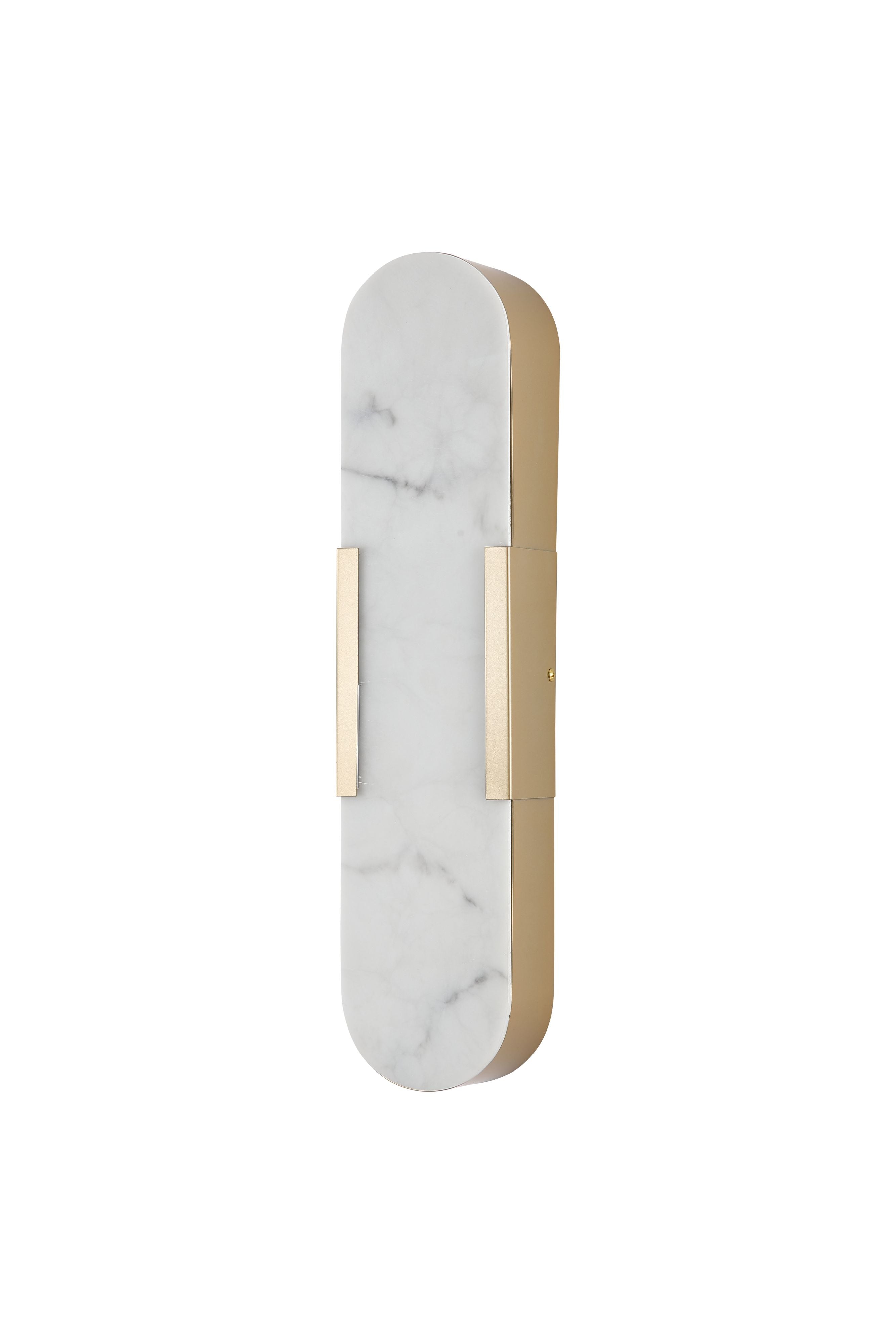 Searchlight Opaline LED wall light in matt gold with marble effect resin shade, straighter front angle showing the lit marble veined panel